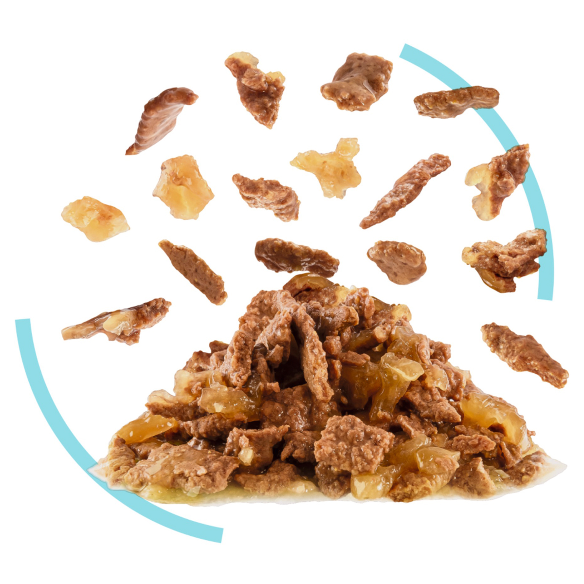 Close-up of Royal Canin Sensory Feel chunks in jelly scattered mid-air