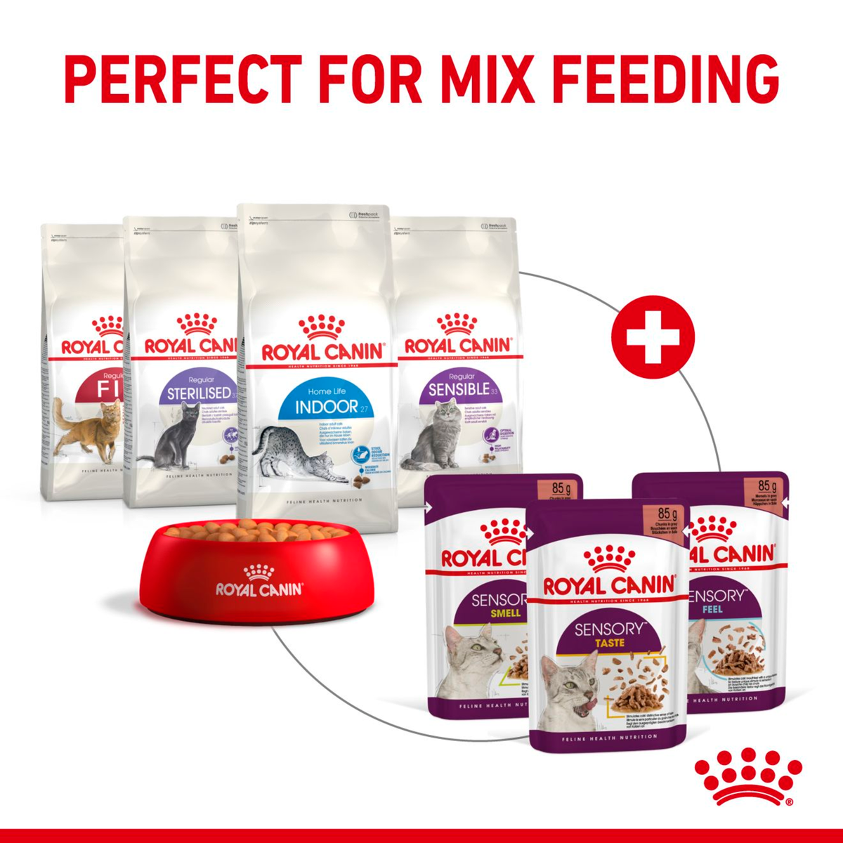 Royal Canin Sensory pouches shown with dry packs and a bowl for mixed feeding