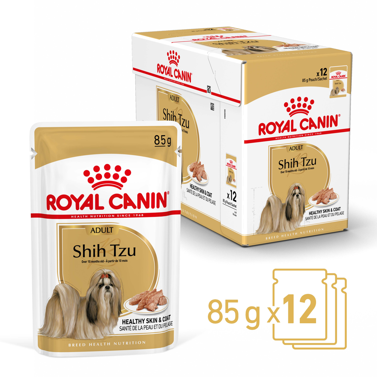 Royal Canin Shih Tzu Adult 85g x 12 wet food box with pouches alongside