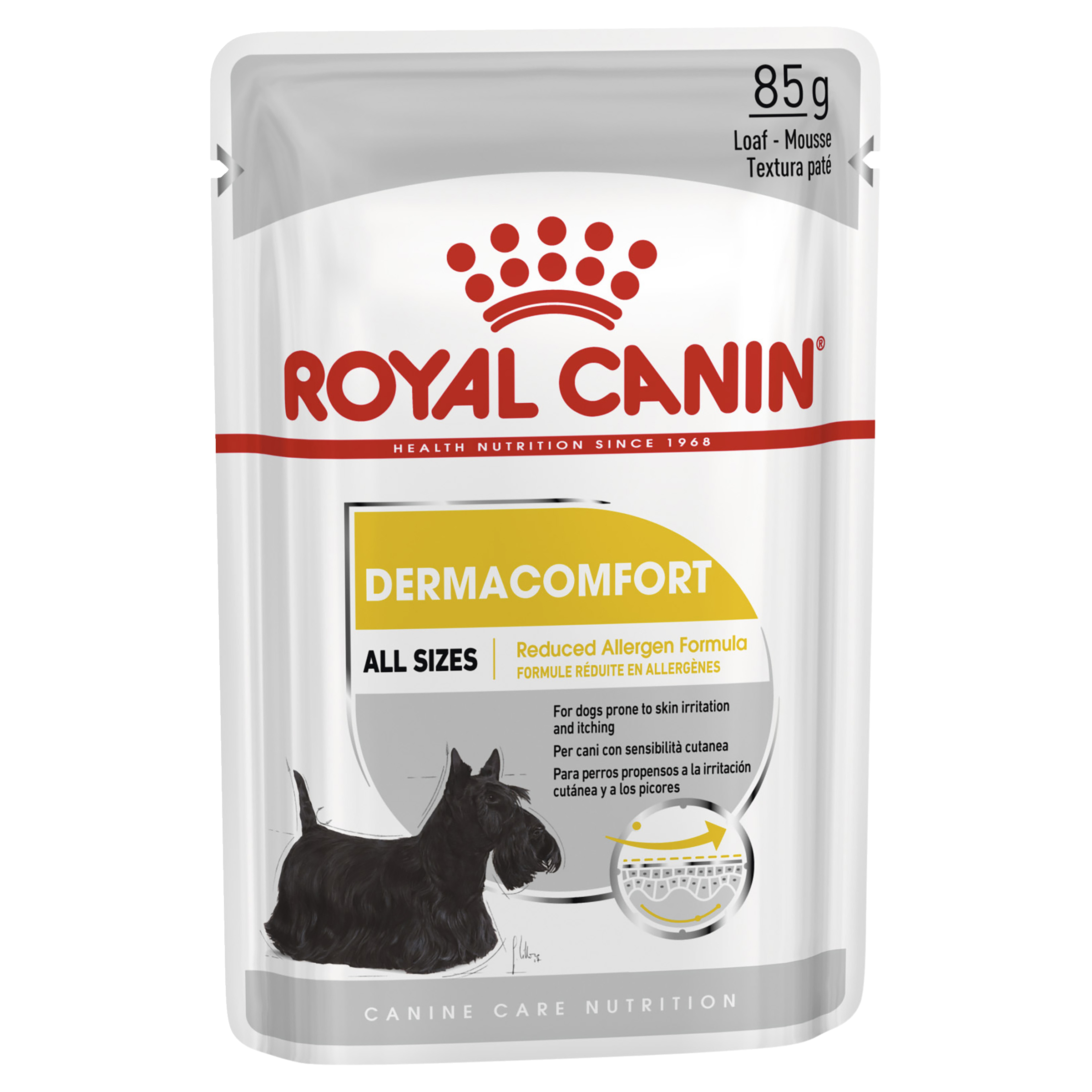 Royal Canin Dermacomfort Loaf Wet Dog Food front of pack