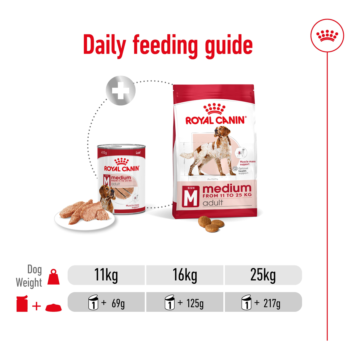Royal Canin Medium Adult daily feeding guide for 11kg, 16kg and 25kg dogs