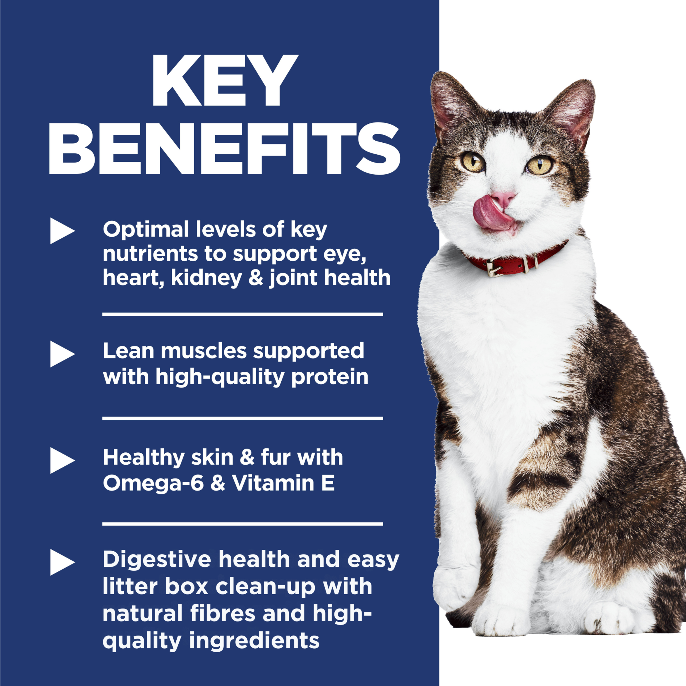 Key benefits panel for Hill's Adult 11+ Indoor: eye, heart, kidney and joint support and easy litter clean-up