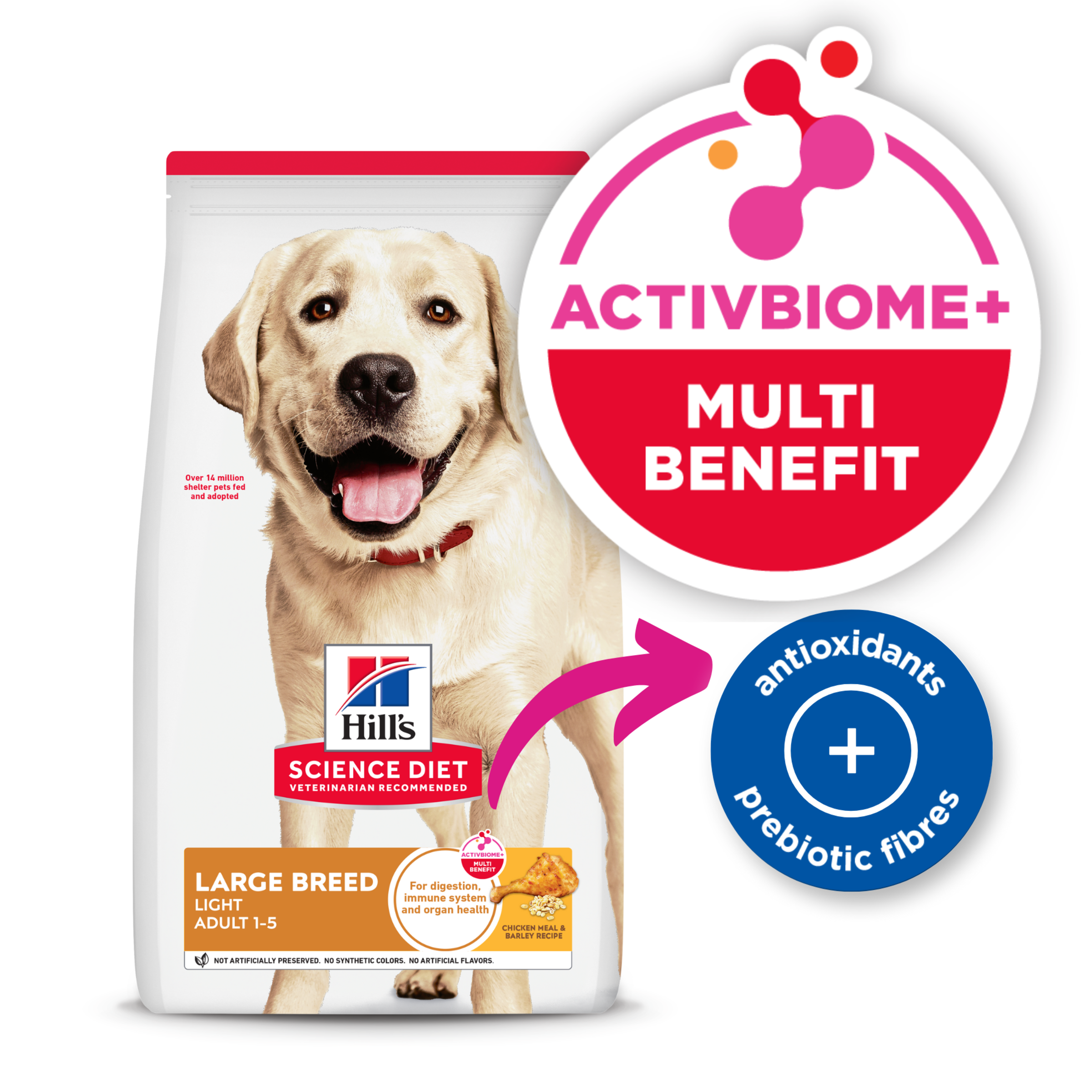 Hill's Adult Light Large Breed dog food bag with the ActivBiome+ Multi Benefit badge