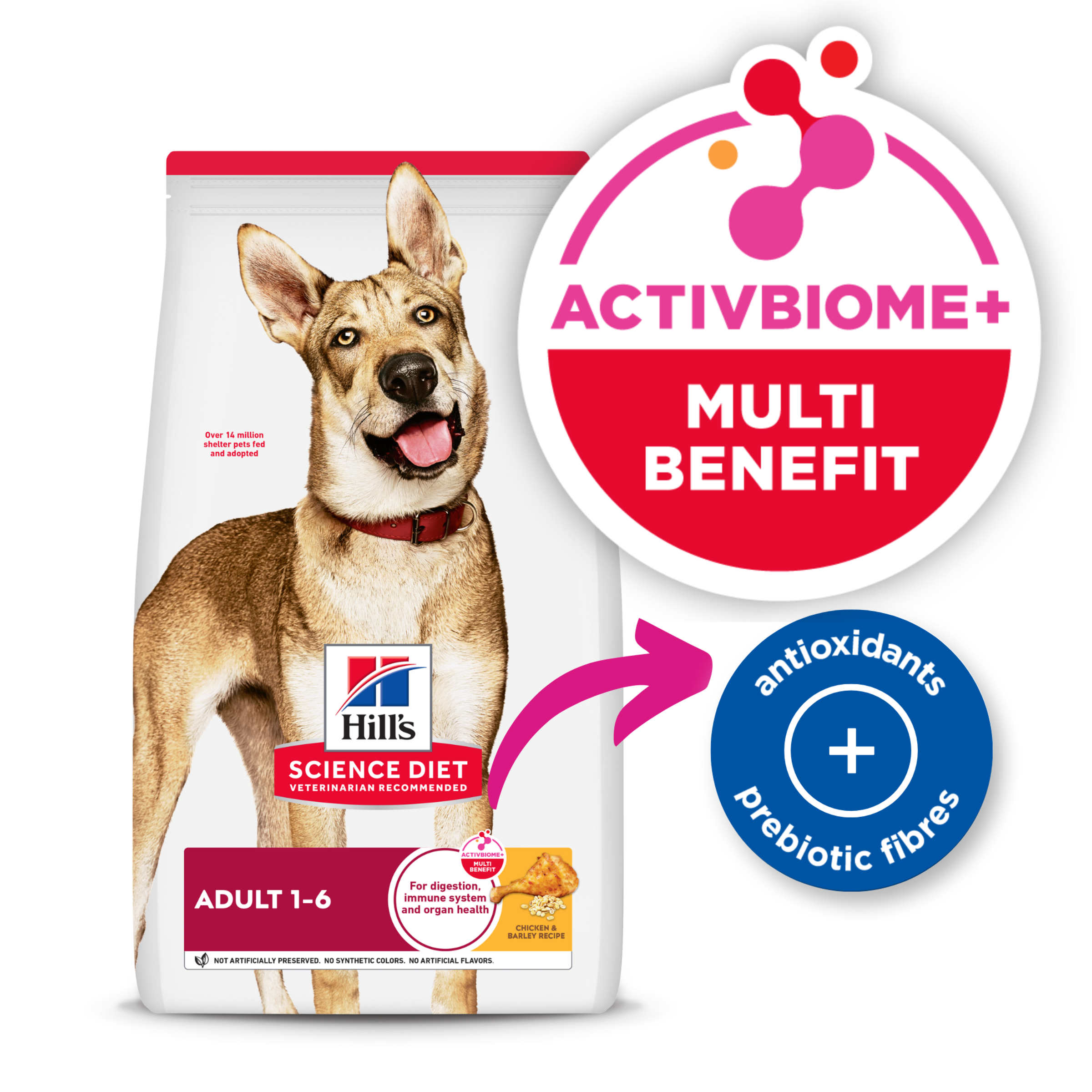 Hill's Science Diet Adult dog food bag with the ActivBiome+ Multi Benefit badge