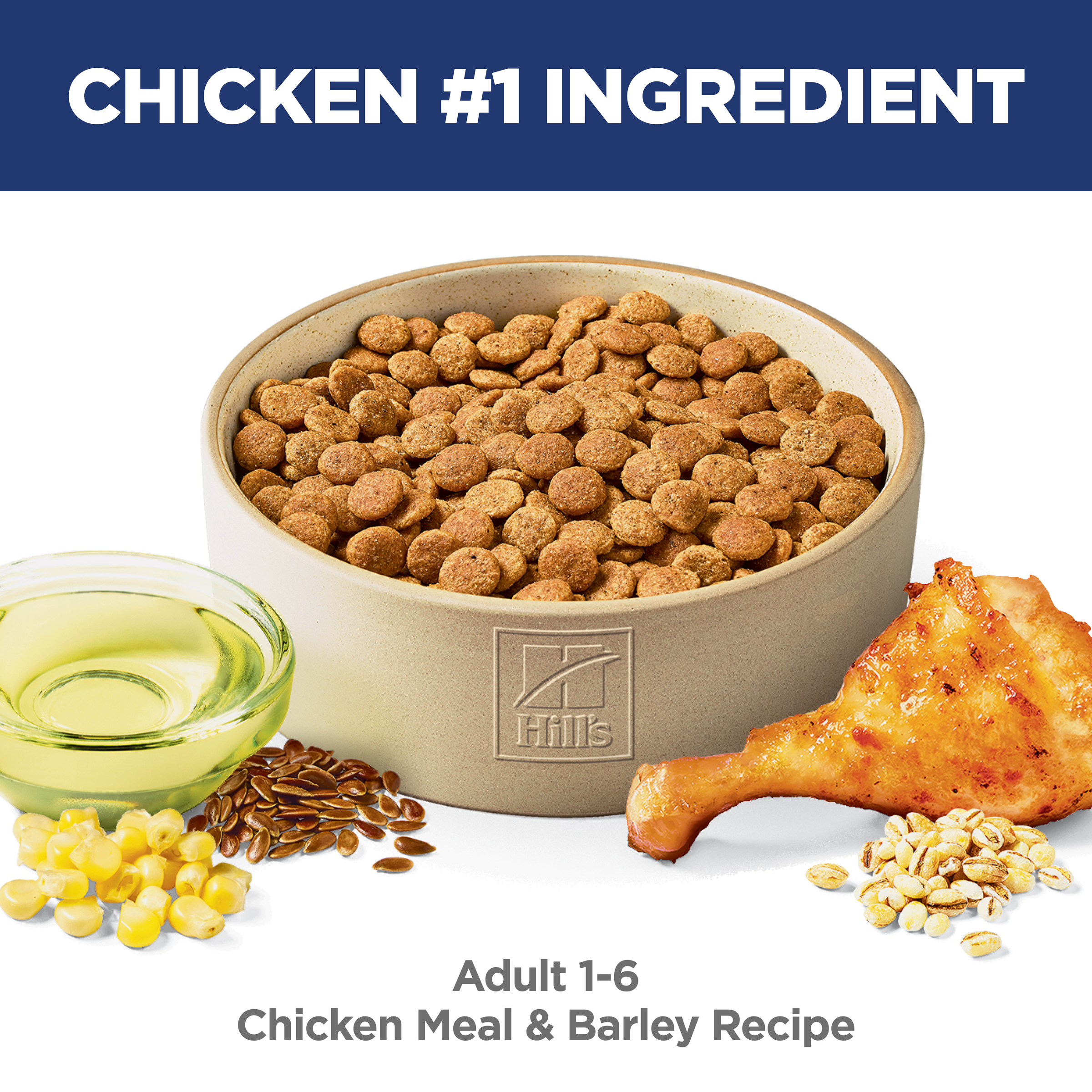 Chicken is the number one ingredient: bowl of Hill's Science Diet Adult chicken and barley dog kibble