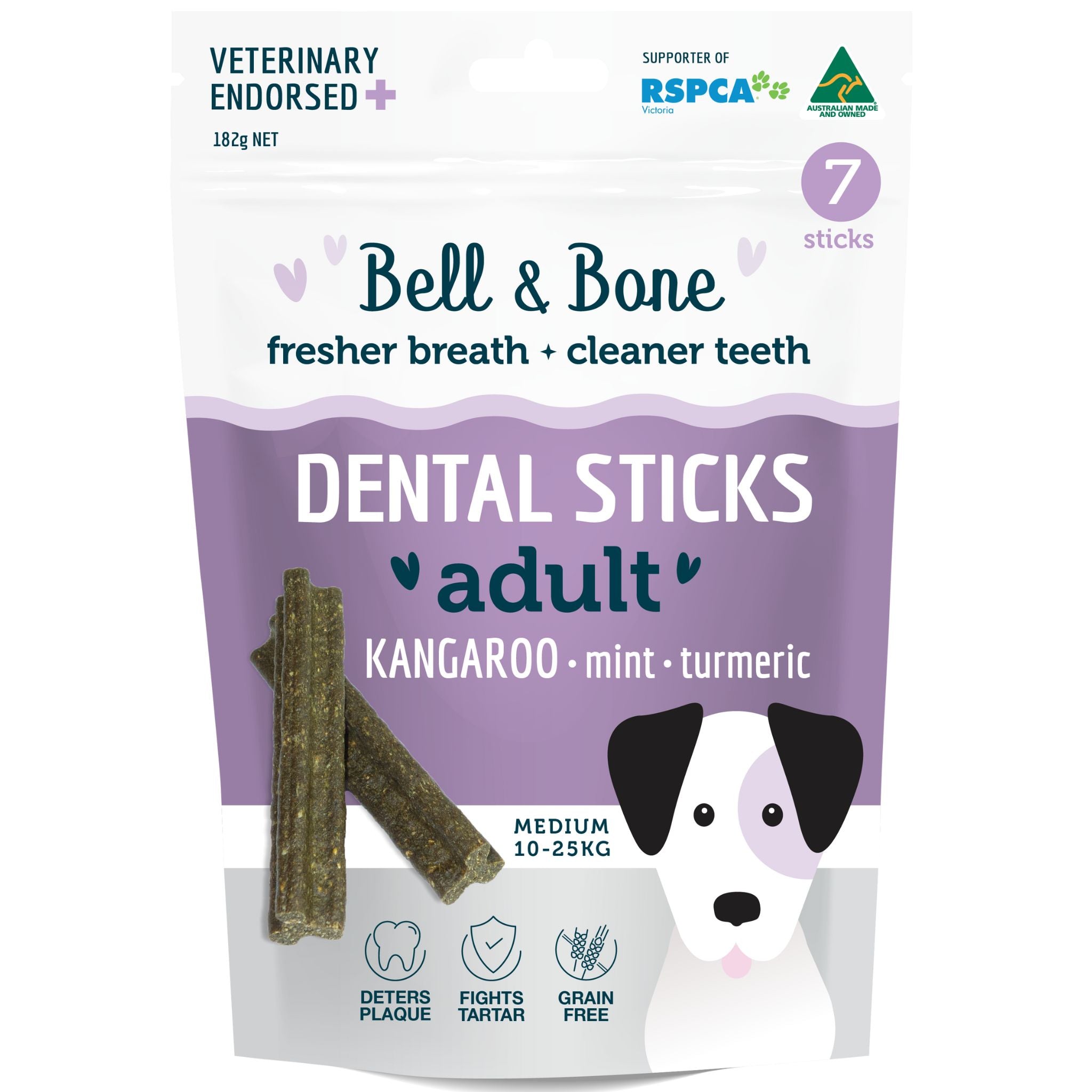 Bell and Bone Dental Sticks for Adult Dogs - Kangaroo, Mint & Turmeric