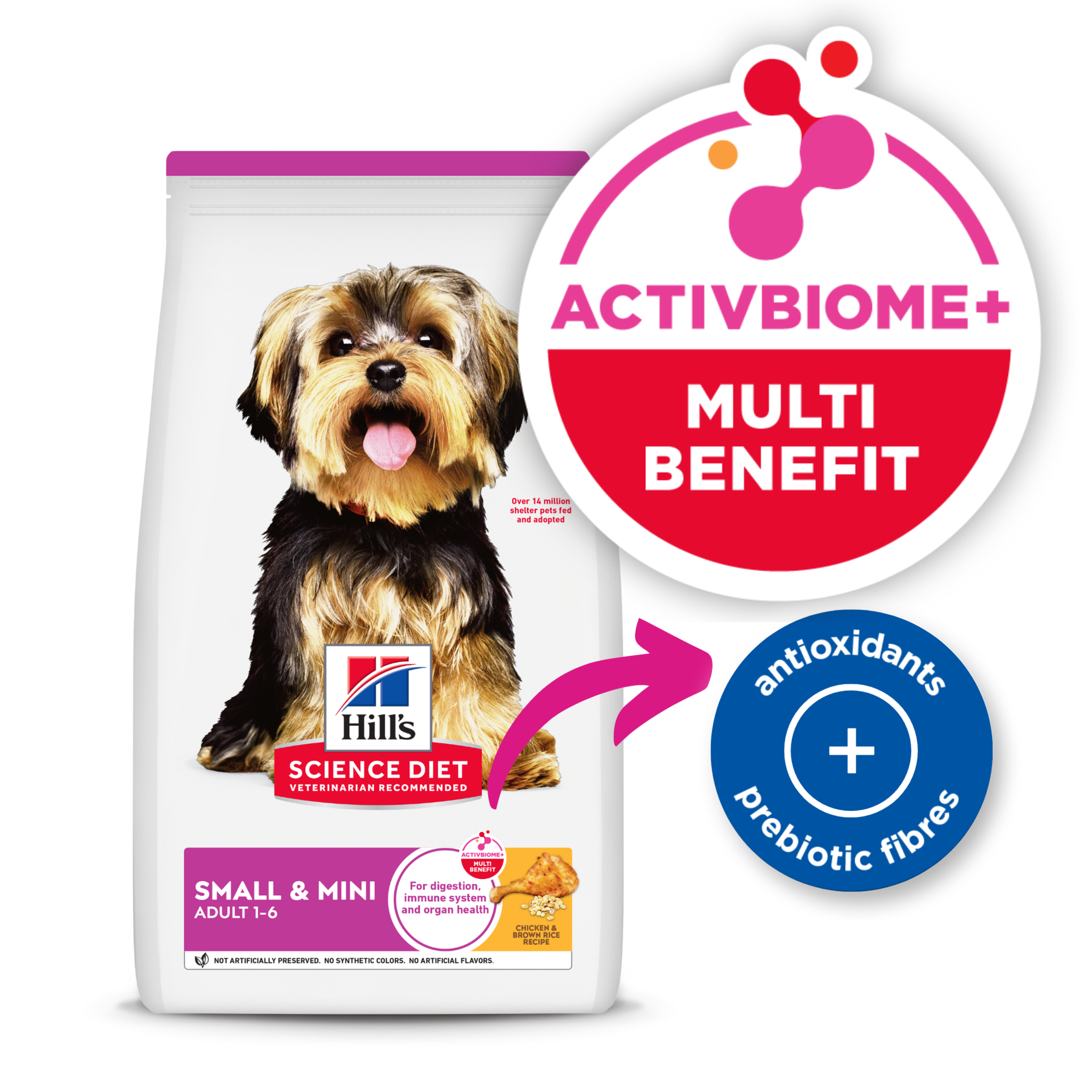 Hill's Science Diet Adult Small & Mini dog food bag with the ActivBiome+ Multi Benefit badge