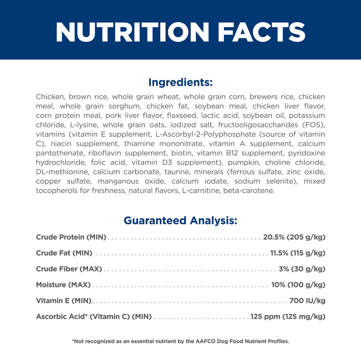 Ingredients and guaranteed analysis panel for Hill's Science Diet Adult Small & Mini dry dog food