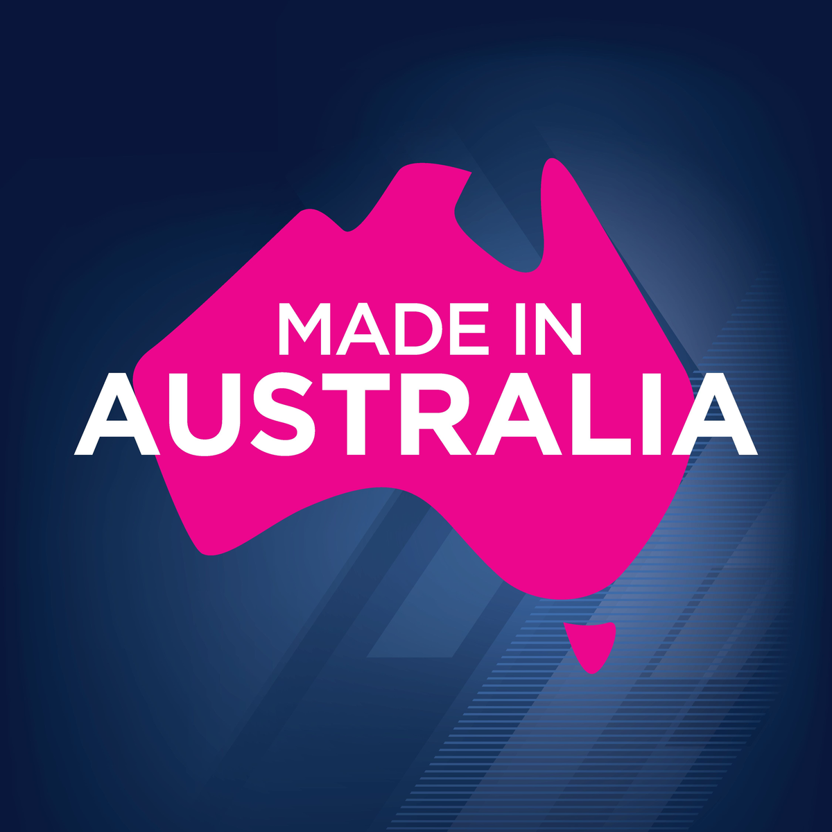 Made in Australia map graphic in pink on a blue background, from Eukanuba