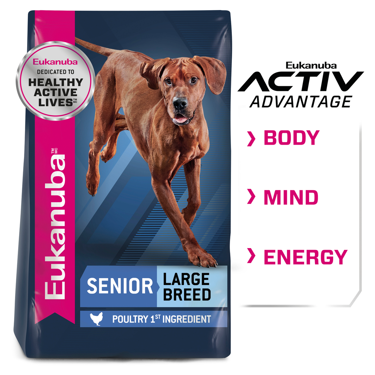 Eukanuba Senior Large Breed bag beside the Activ Advantage body, mind and energy panel