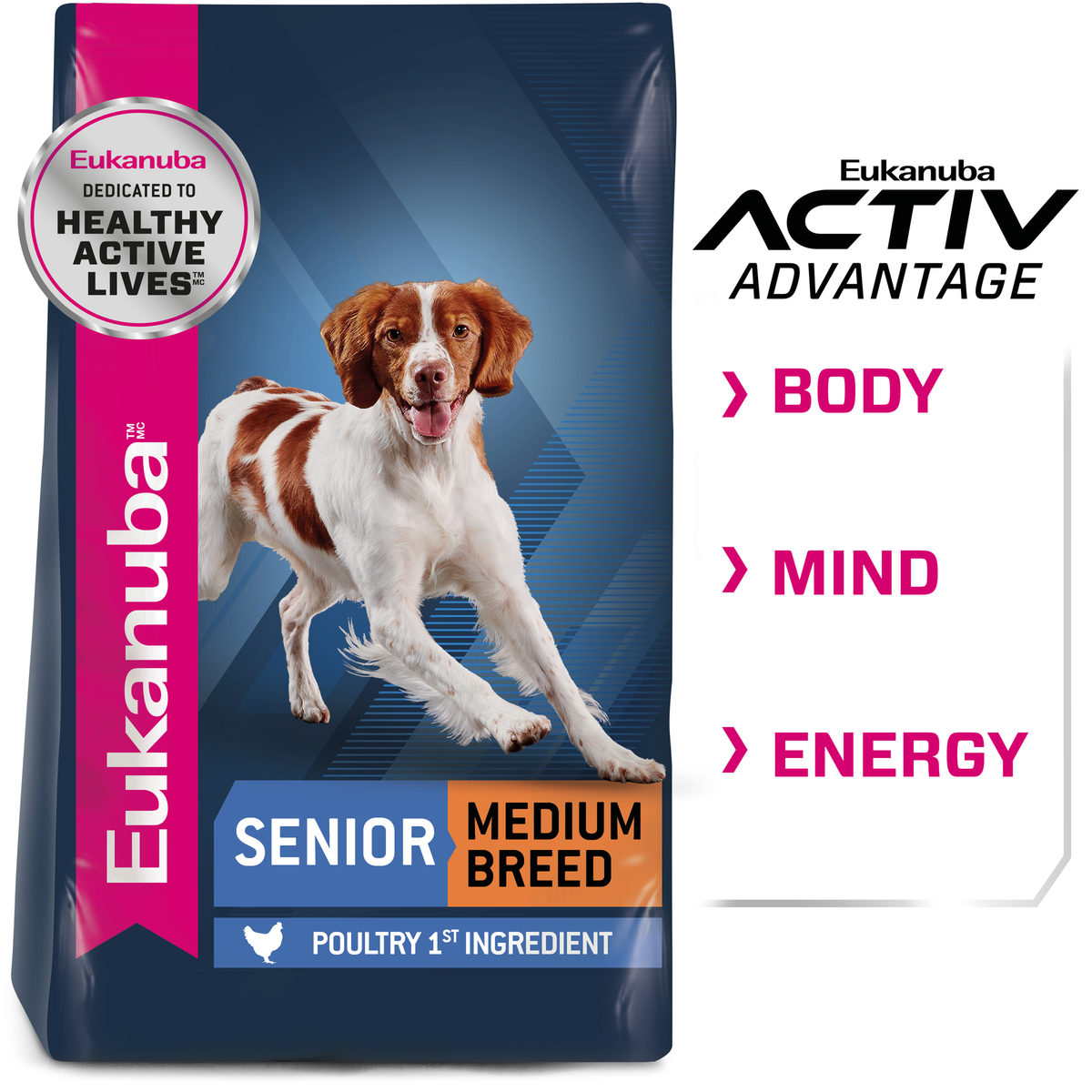 Eukanuba Senior Medium Breed bag beside the Activ Advantage body, mind and energy panel