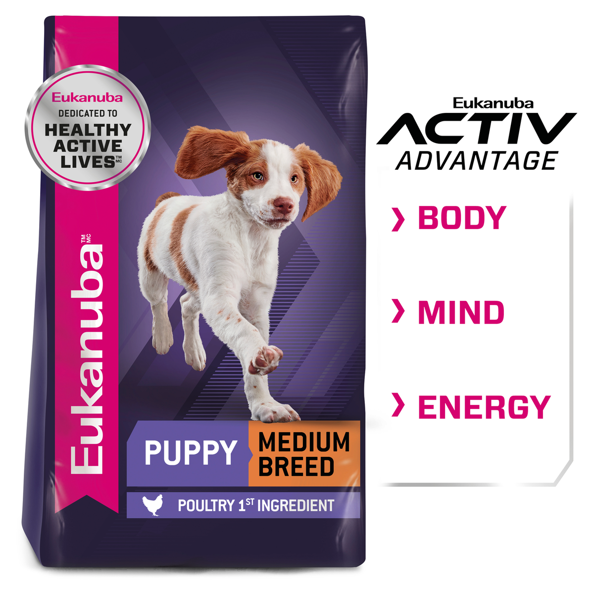 Eukanuba Puppy Medium Breed bag beside the Activ Advantage body, mind and energy panel