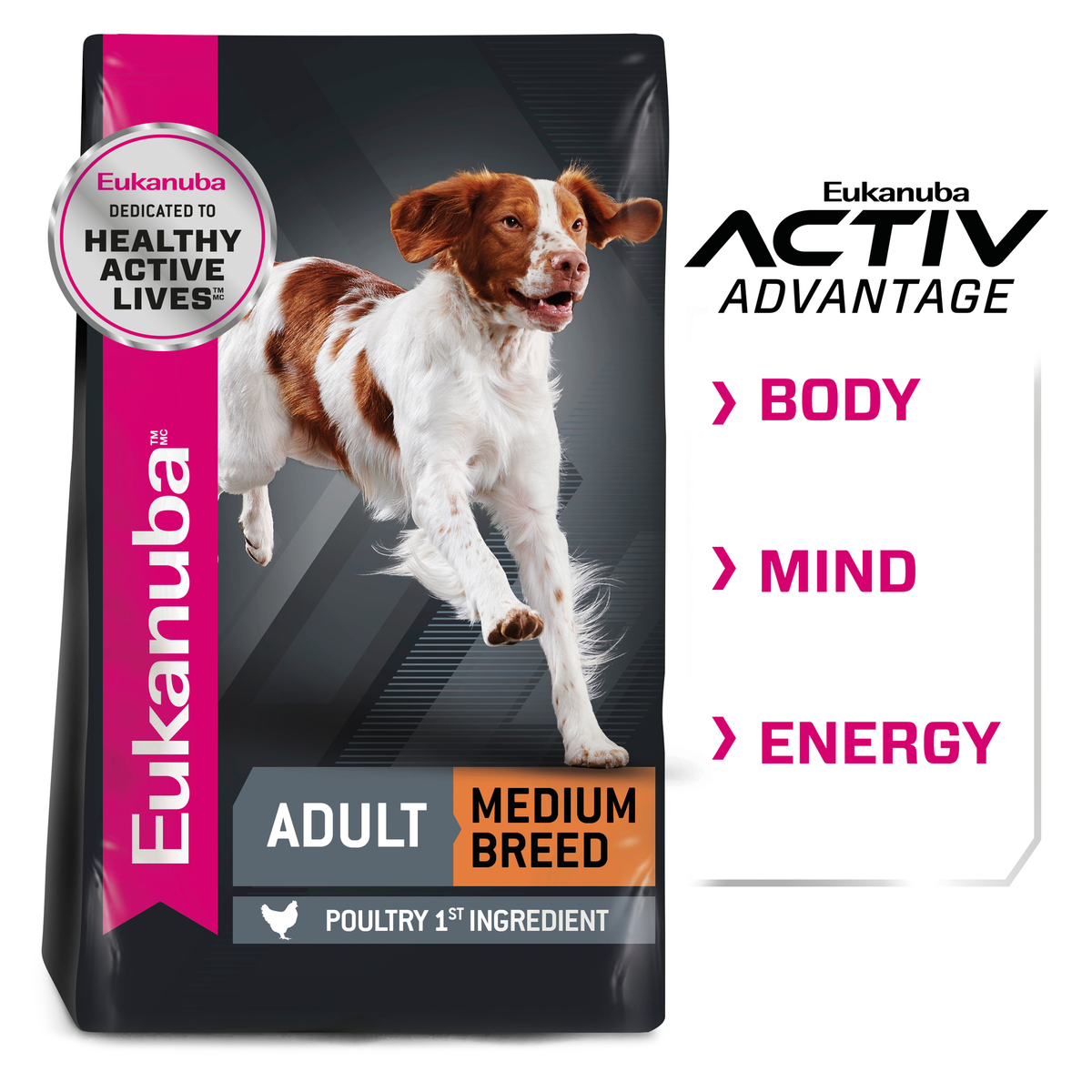 Eukanuba Adult Medium Breed bag beside the Activ Advantage body, mind and energy panel