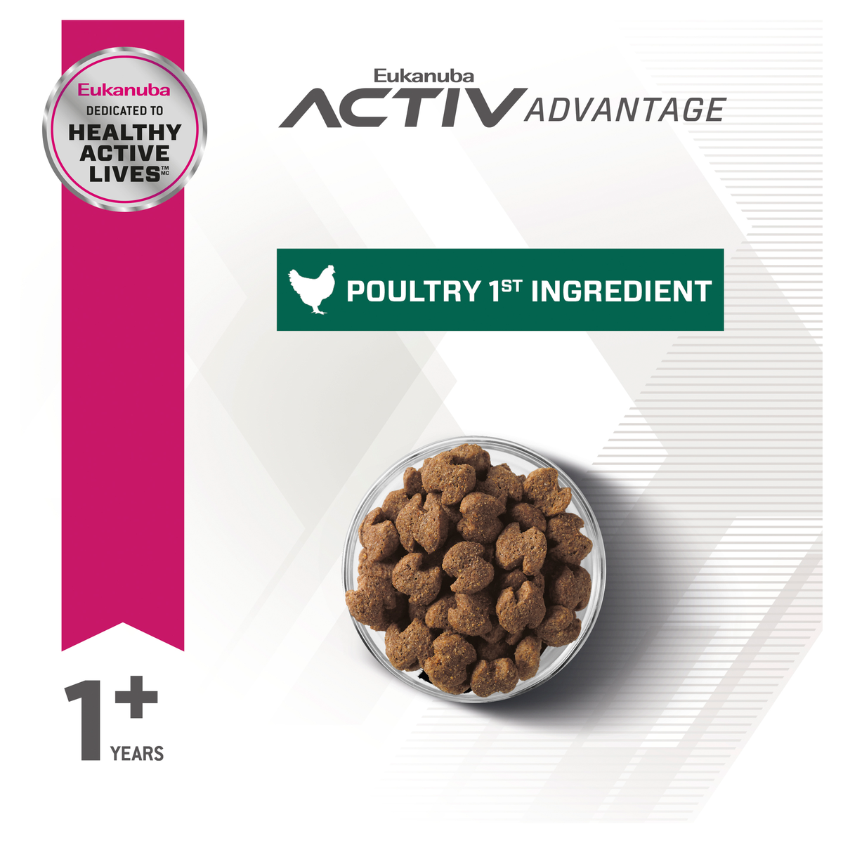 Eukanuba Fit Body panel on poultry as first ingredient, with a bowl of kibble