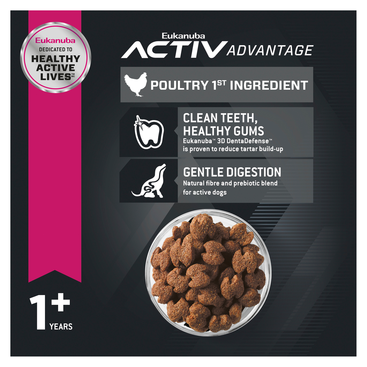 Eukanuba small breed panel on poultry first ingredient, clean teeth and gentle digestion