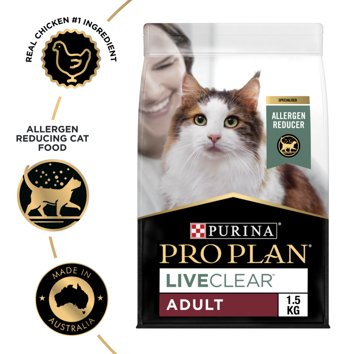 PRO PLAN LIVECLEAR Adult 1.5kg bag beside the chicken-first and allergen-reducing food badges
