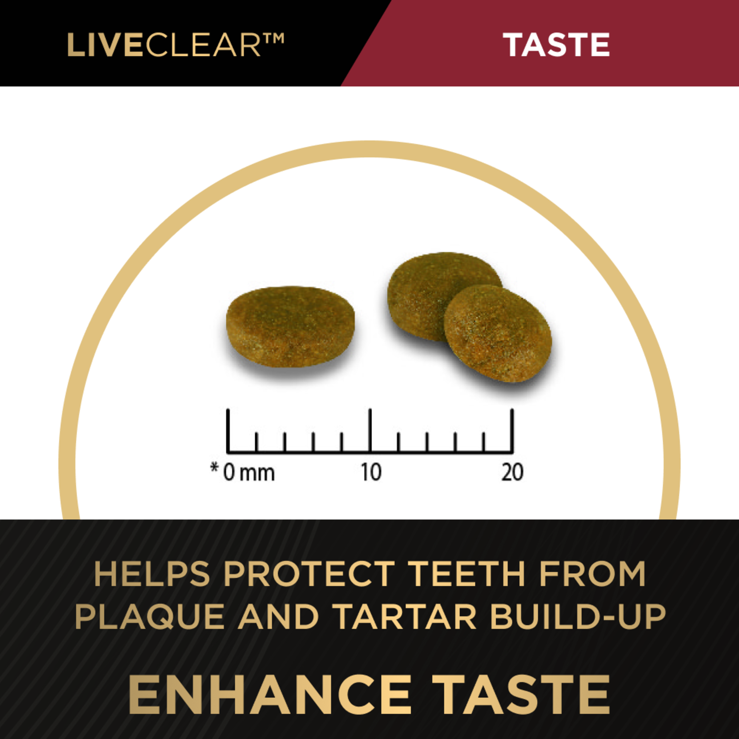 PRO PLAN LIVECLEAR Adult kibble against a millimetre scale on the taste and dental panel