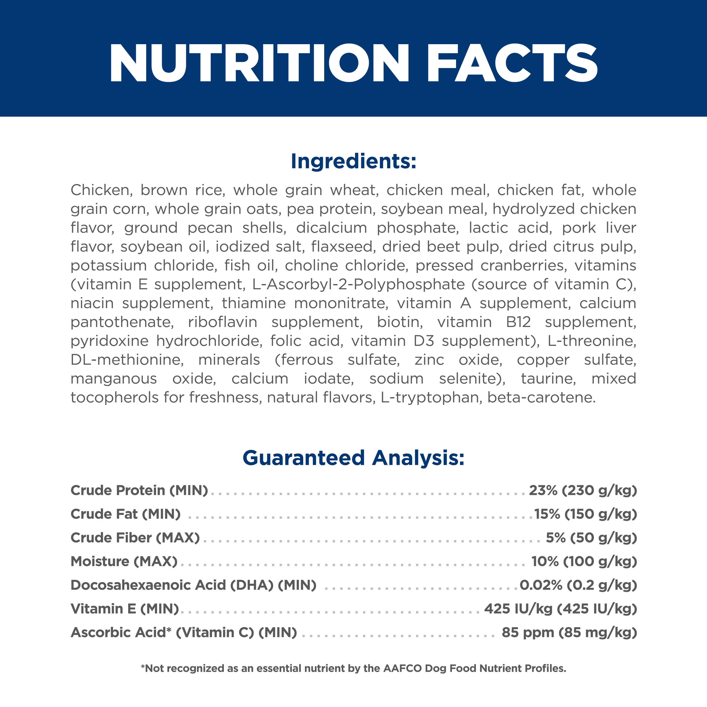 Ingredients and guaranteed analysis panel for Hill's Science Diet Puppy dry dog food