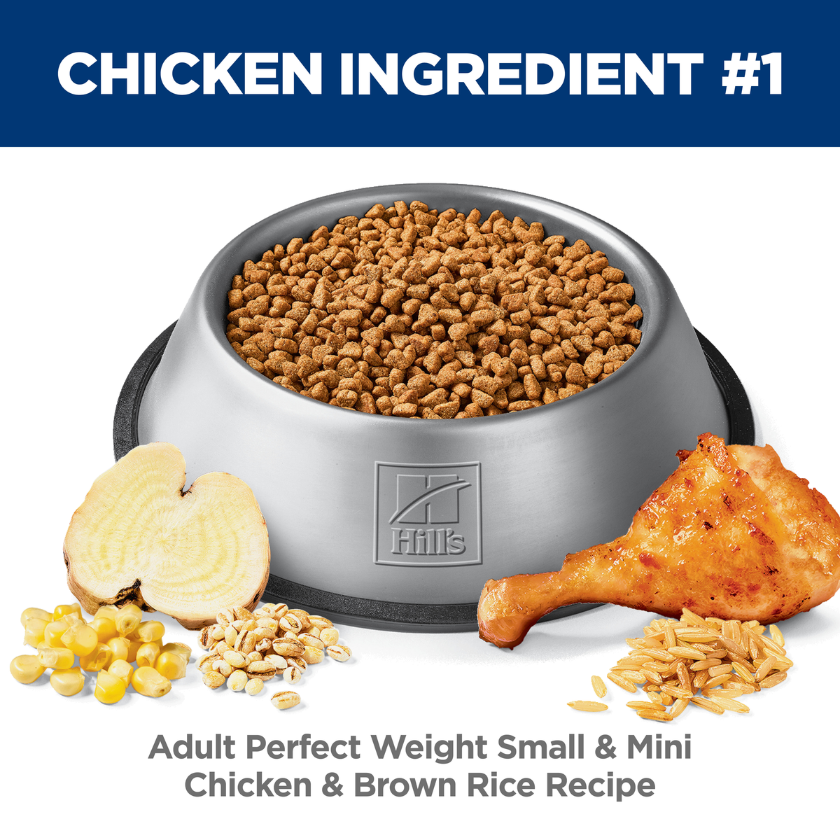 Chicken is ingredient number one: bowl of Hill's Perfect Weight Small & Mini chicken and rice kibble