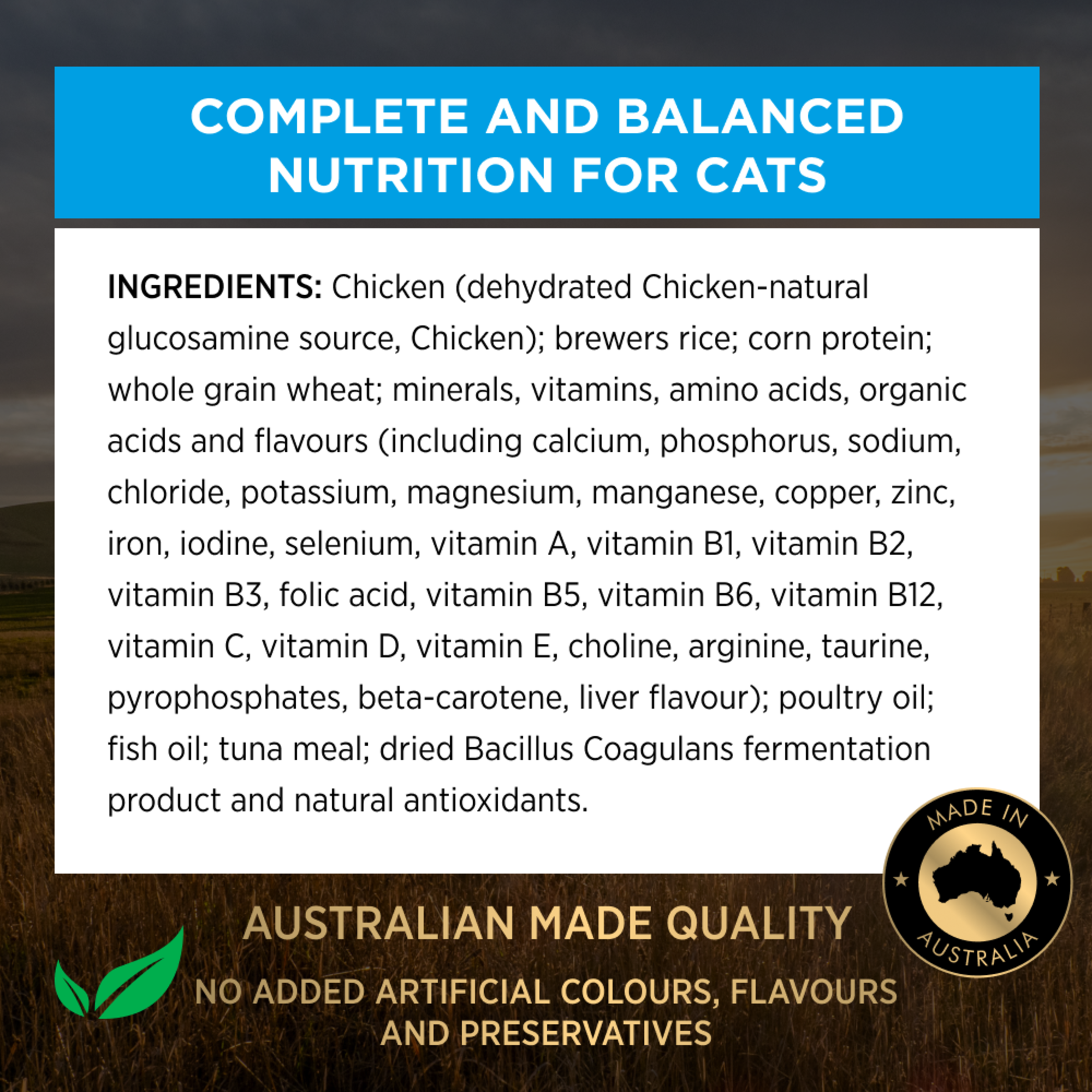 PRO PLAN Urinary Care Chicken Formula ingredients panel: complete and balanced nutrition for cats