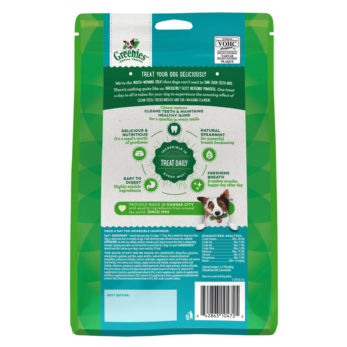 Back of the GREENIES Fresh Petite 340g dental treat pack