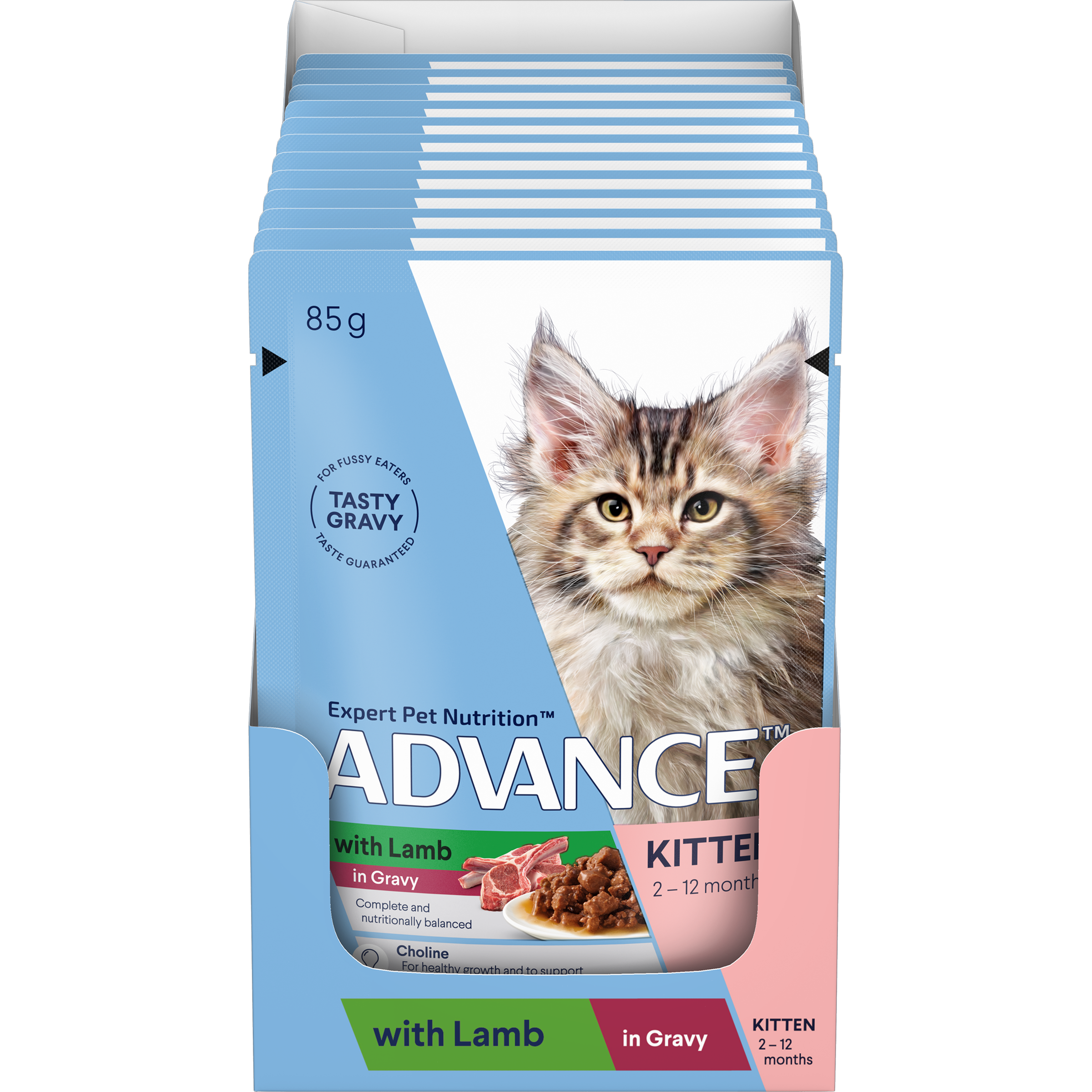 ADVANCE Kitten Wet Cat Food Lamb In Gravy 12x85g Pouches front of pack