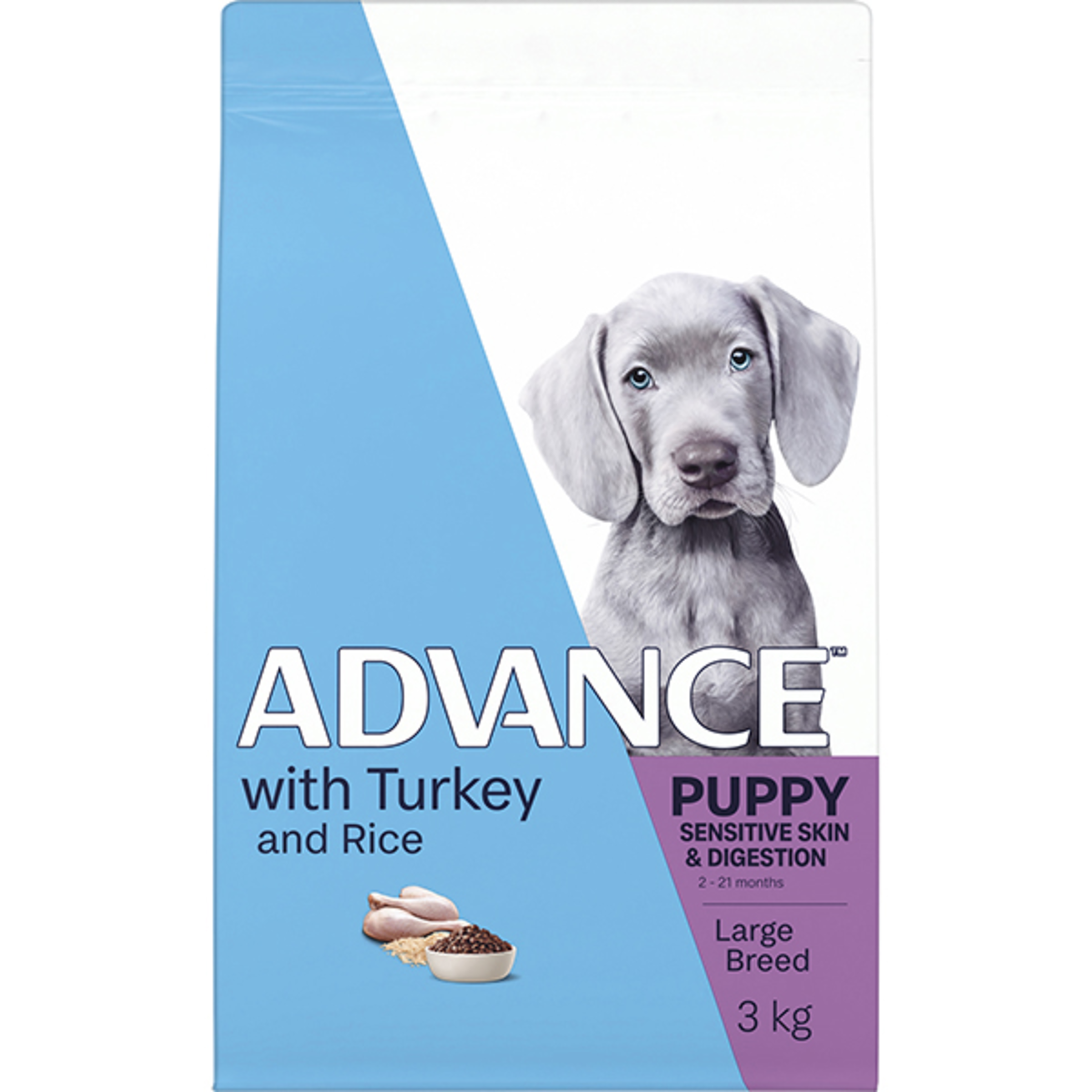 ADVANCE Puppy Sensitive Skin and Digestion Large Breed Turkey and Rice 3kg bag, angled view