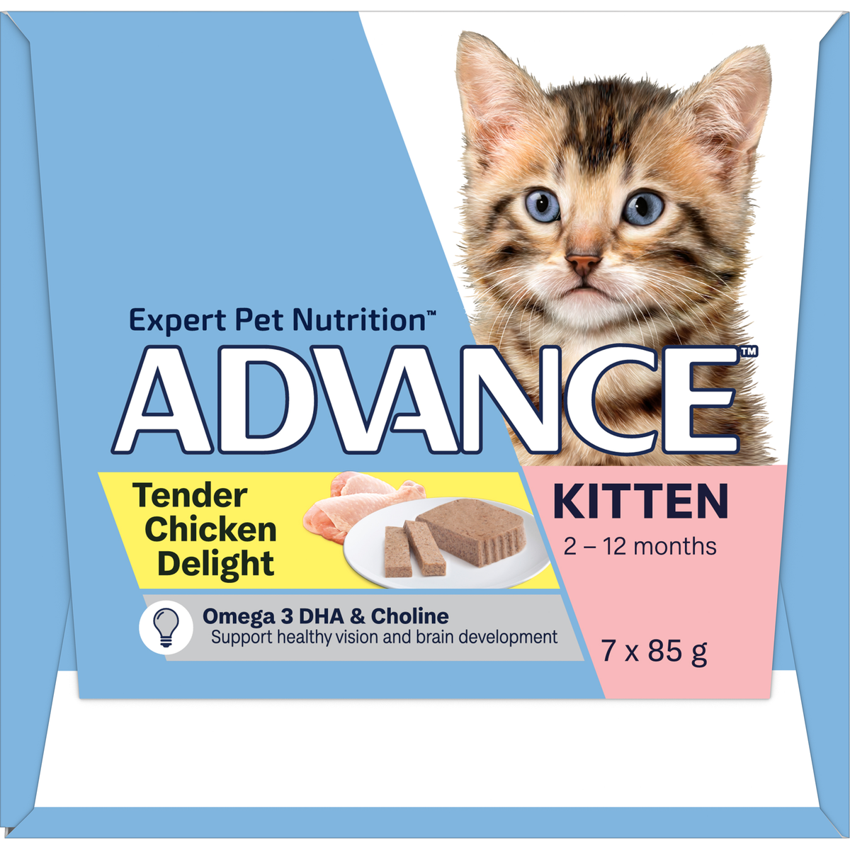 Top of the ADVANCE Kitten Tender Chicken Delight 7 x 85g tray carton