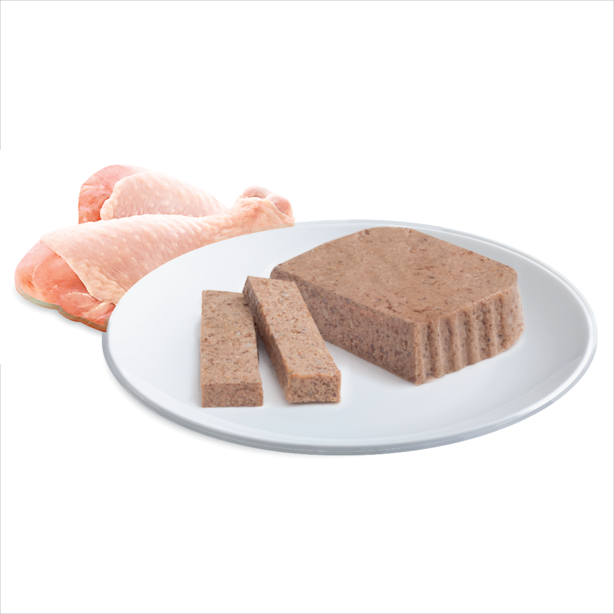 Raw chicken and sliced ADVANCE Kitten Tender Chicken Delight loaf on a plate