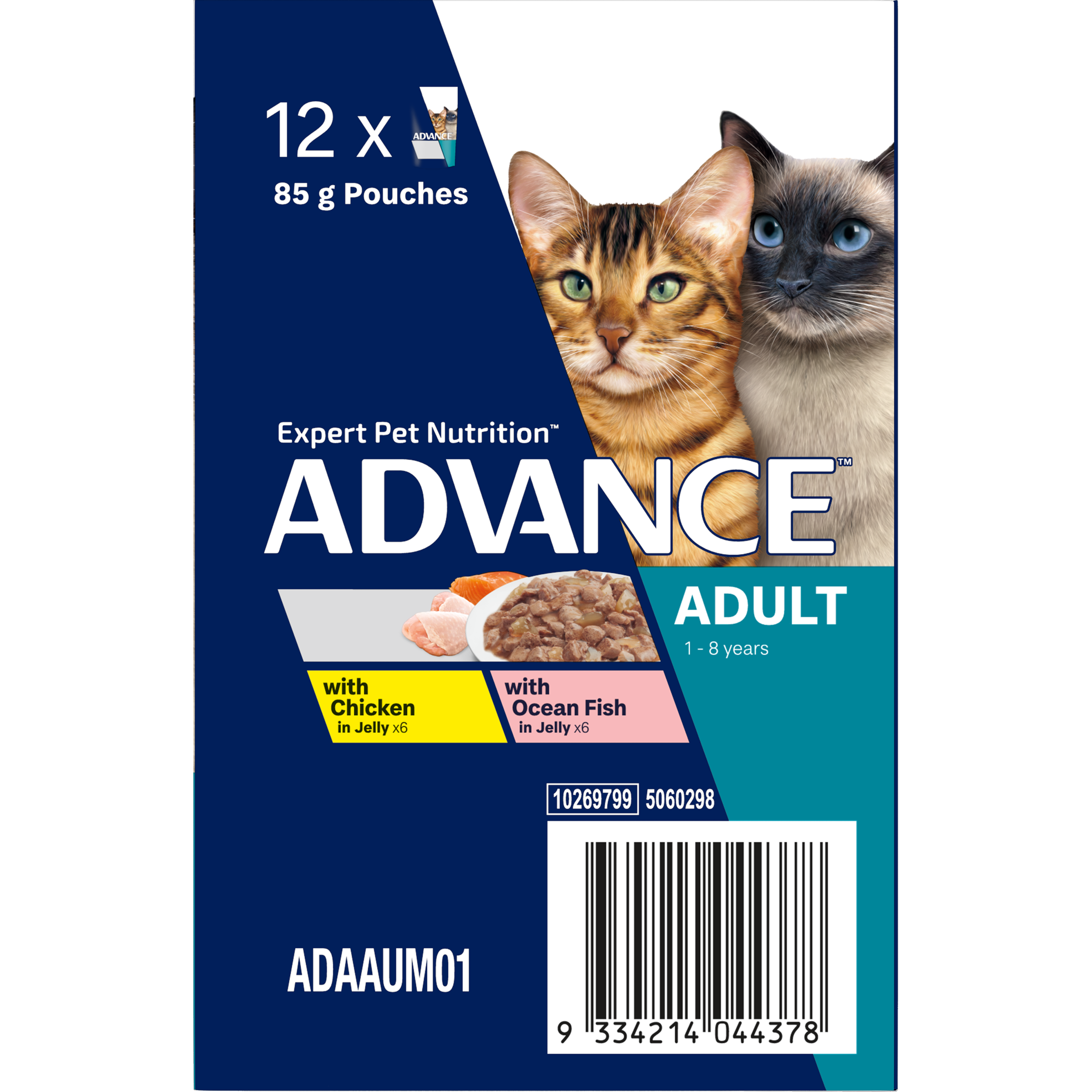 ADVANCE Adult Wet Cat Food Chicken, Ocean Fish In Jelly 12x85g Pouches back of pack