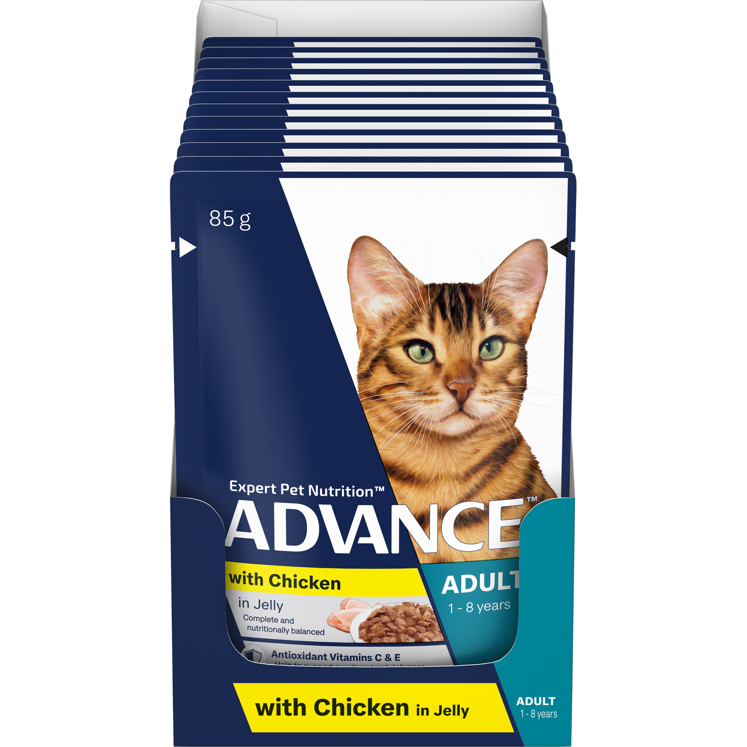 ADVANCE Adult Wet Cat Food Chicken In Jelly 12x85g Pouches front of pack