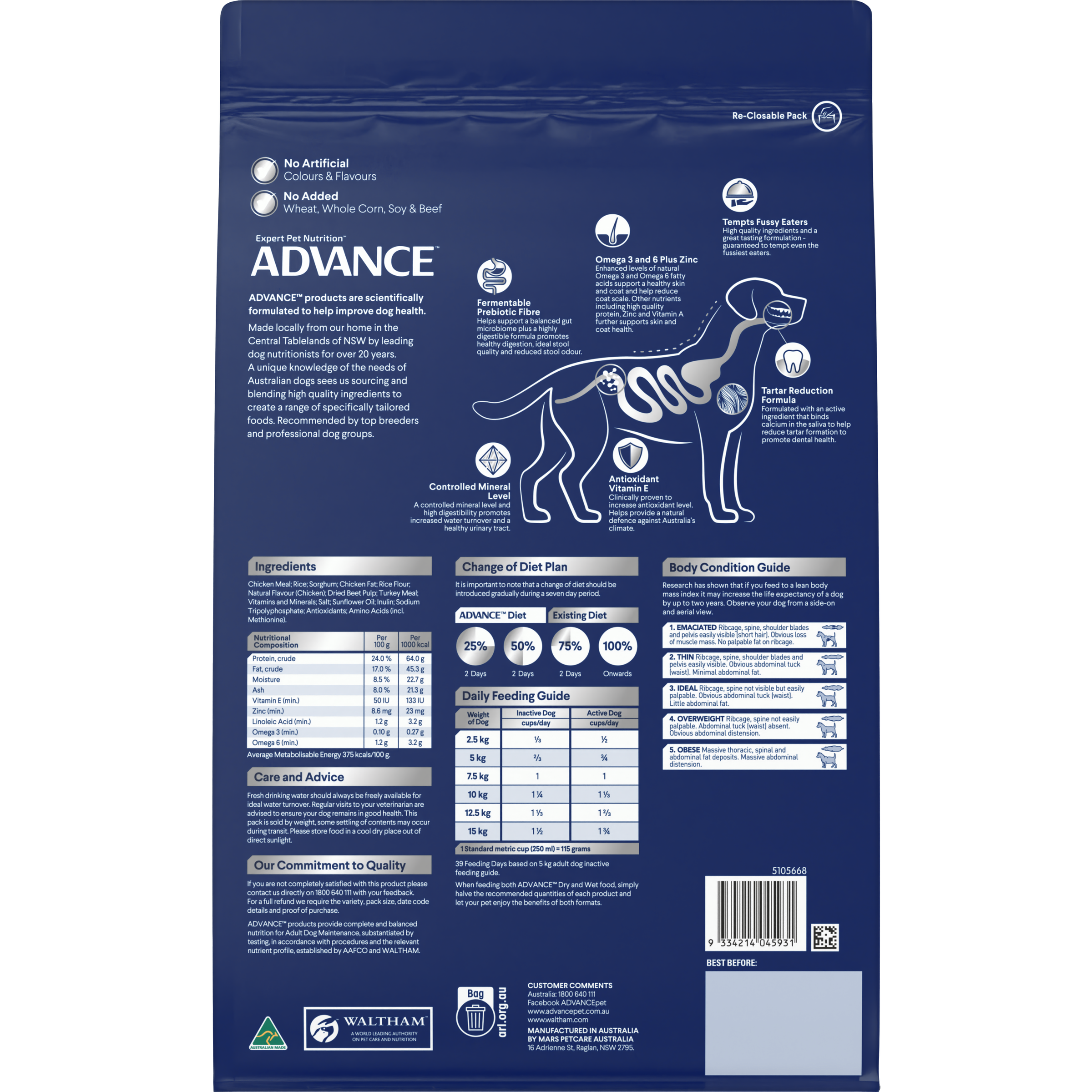 Back of the ADVANCE Adult Small Breed Chicken with Rice dry dog food bag