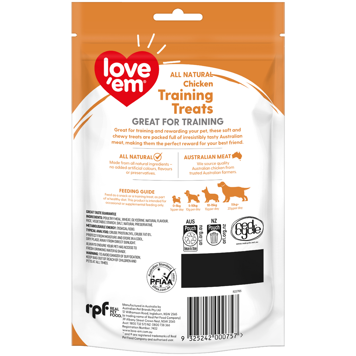 Love'em Chicken Dog Training Treats back of pack