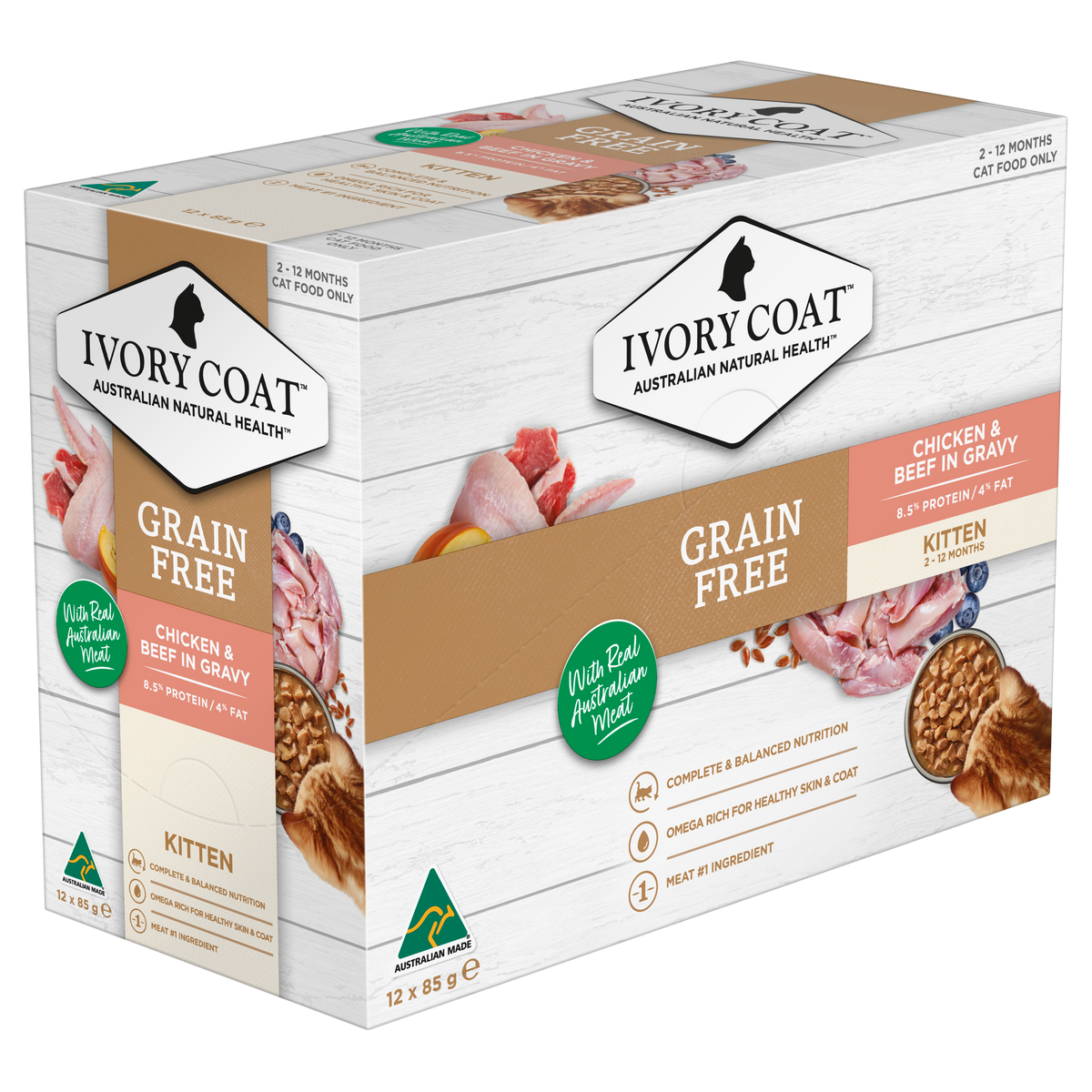 Ivory Coat Grain Free Chicken and Beef in Gravy kitten cartons showing front and side panels