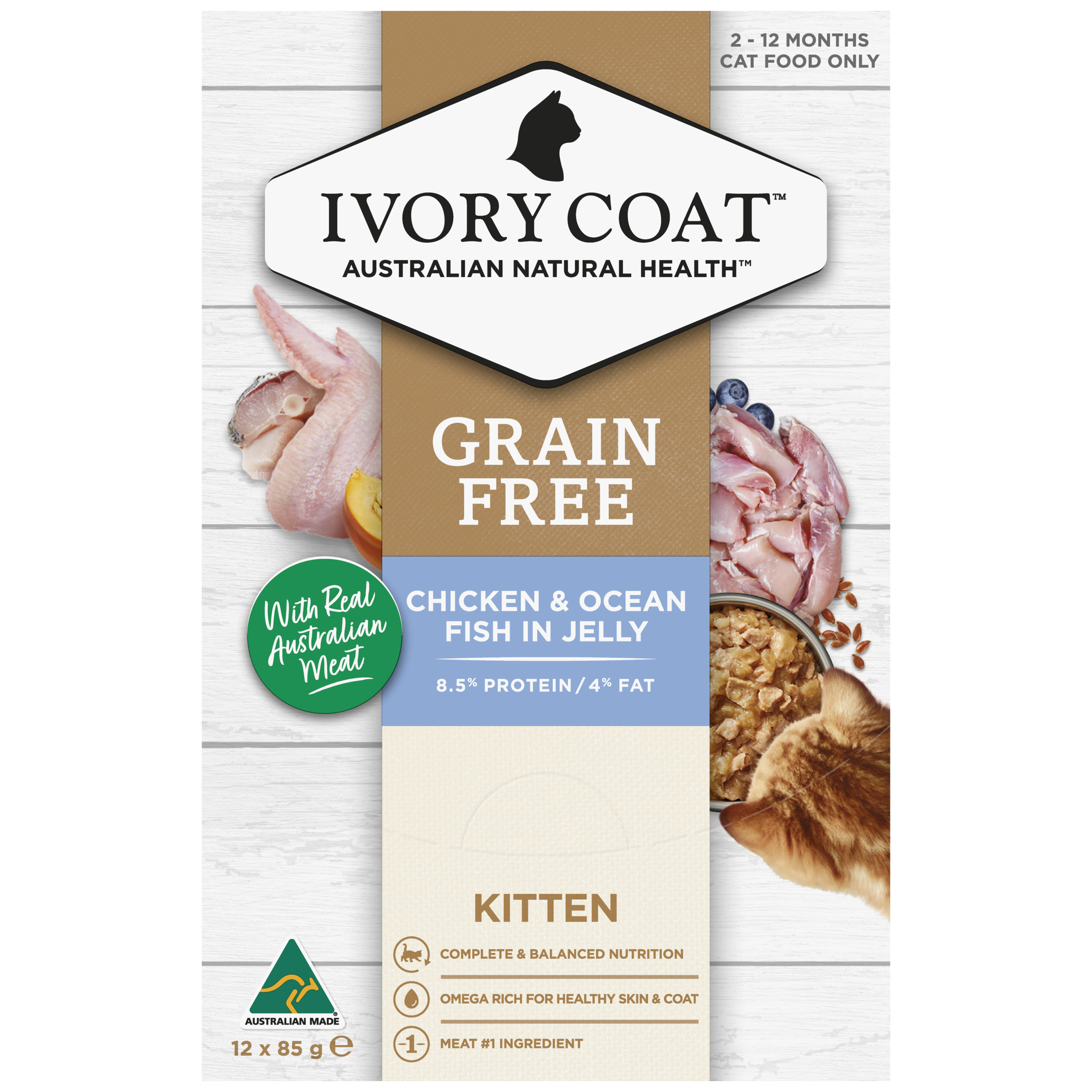 Ivory Coat Grain Free Kitten Wet Cat Food Chicken & Ocean Fish in Jelly front of pack