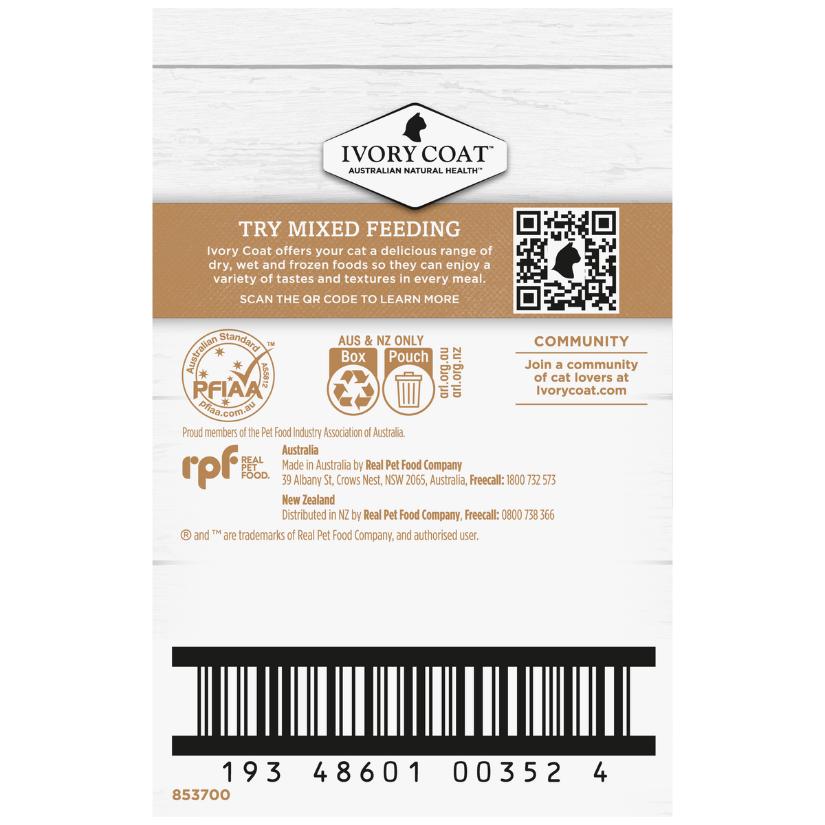 Back of the Ivory Coat Grain Free Chicken and Ocean Fish in Jelly carton with the mixed feeding panel