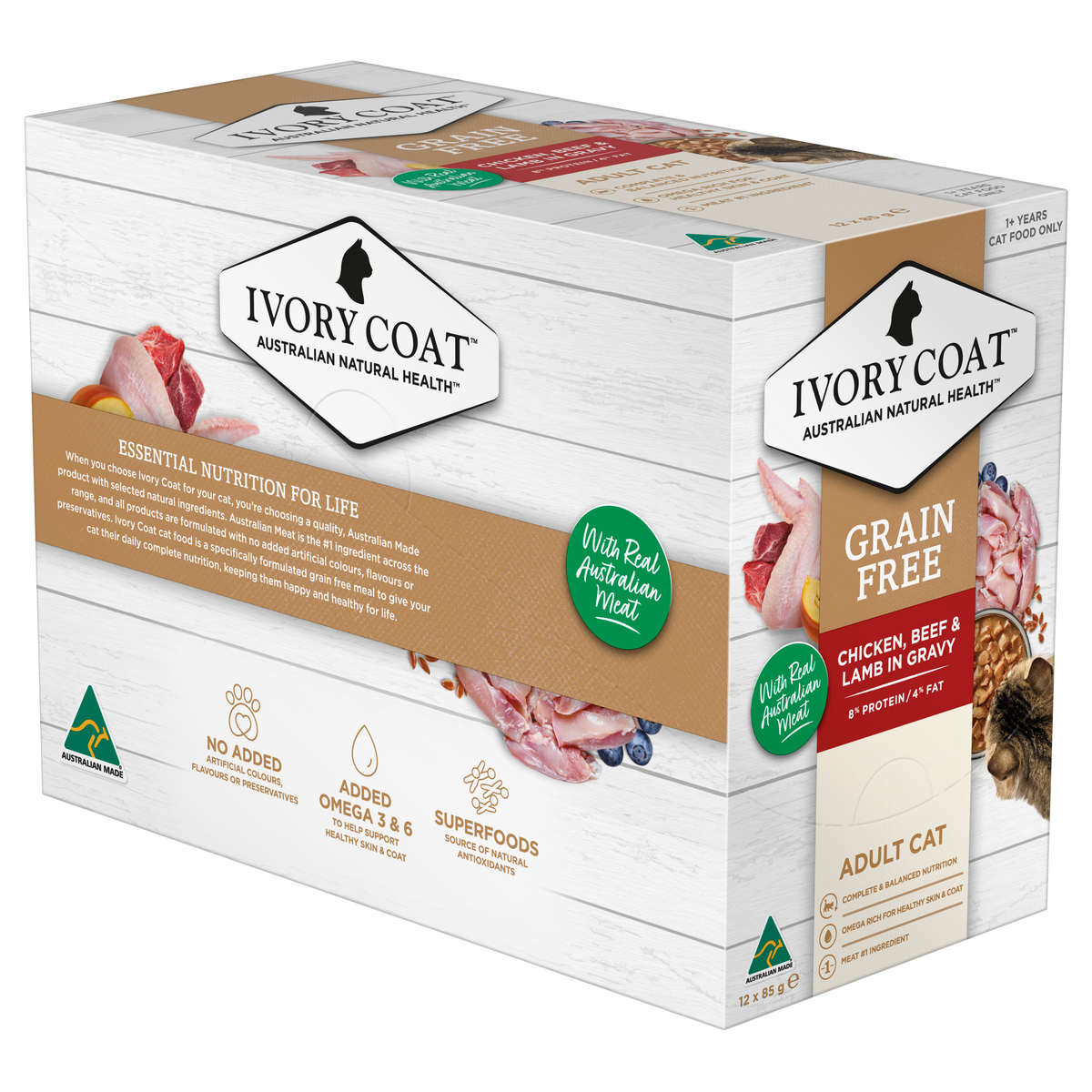 Ivory Coat Grain Free Chicken, Beef and Lamb in Gravy cartons, alternate angle