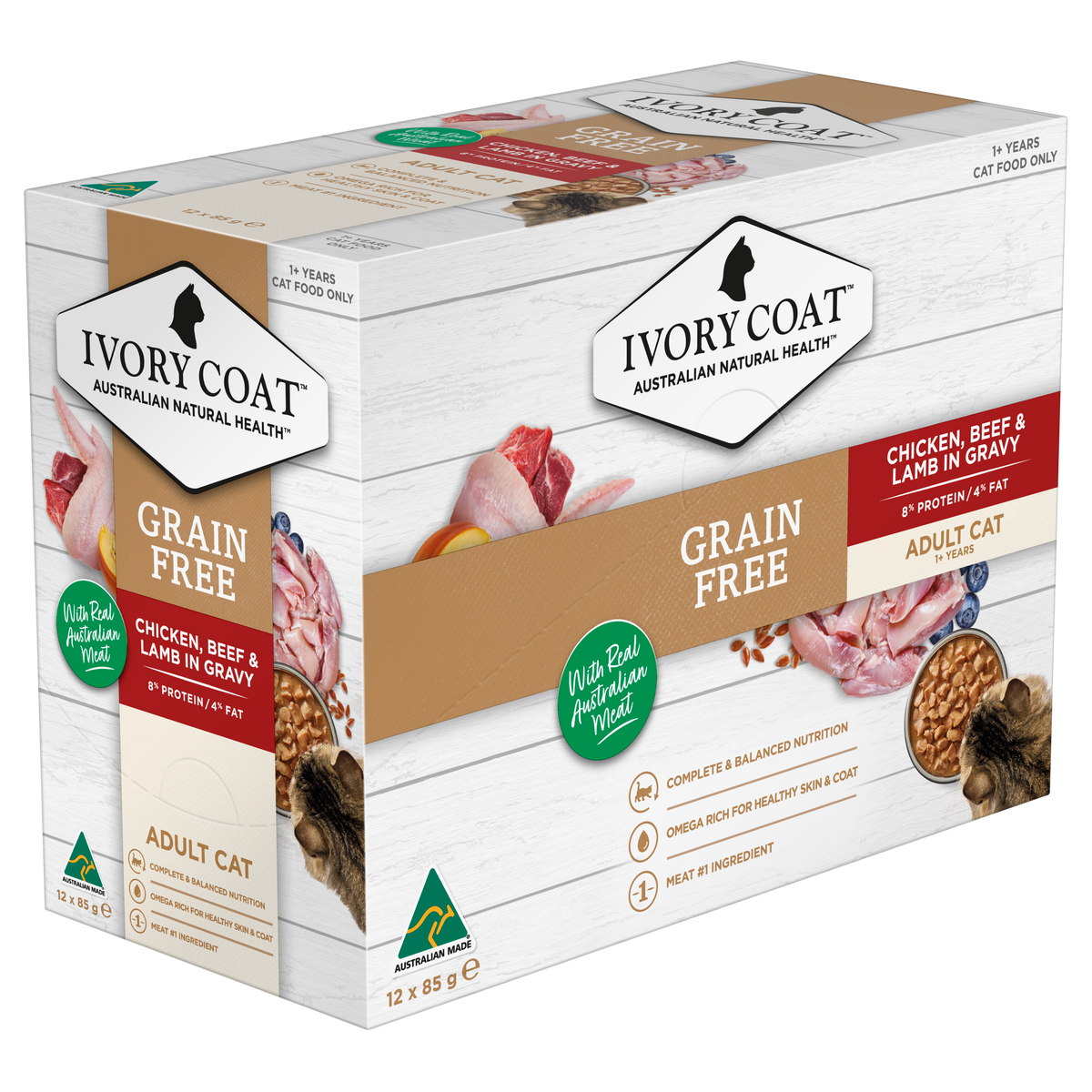 Ivory Coat Grain Free Chicken, Beef and Lamb in Gravy cartons showing front and side panels