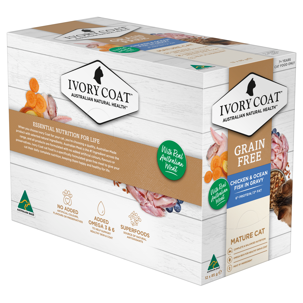 Ivory Coat Chicken and Ocean Fish in Gravy mature cat cartons, alternate angle