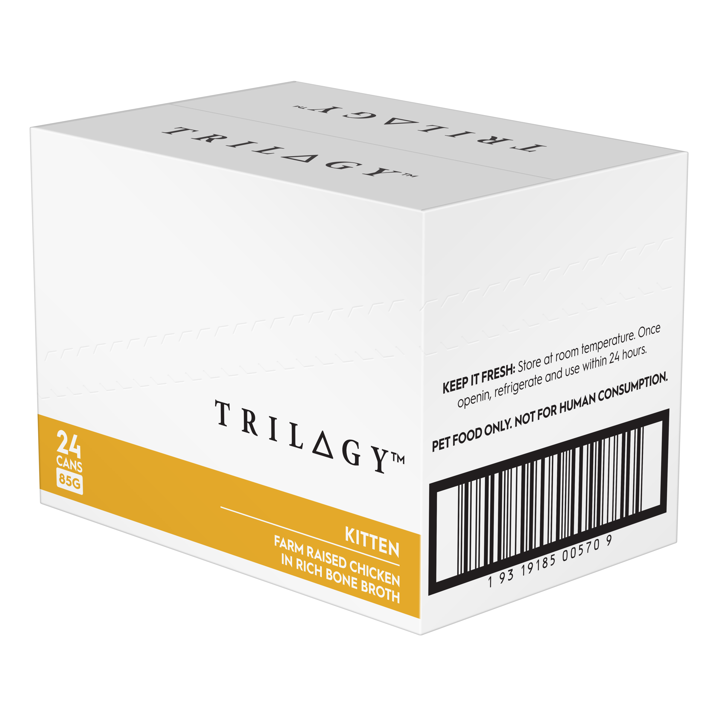 Trilogy Kitten Chicken in Rich Bone Broth carton side panel with barcode