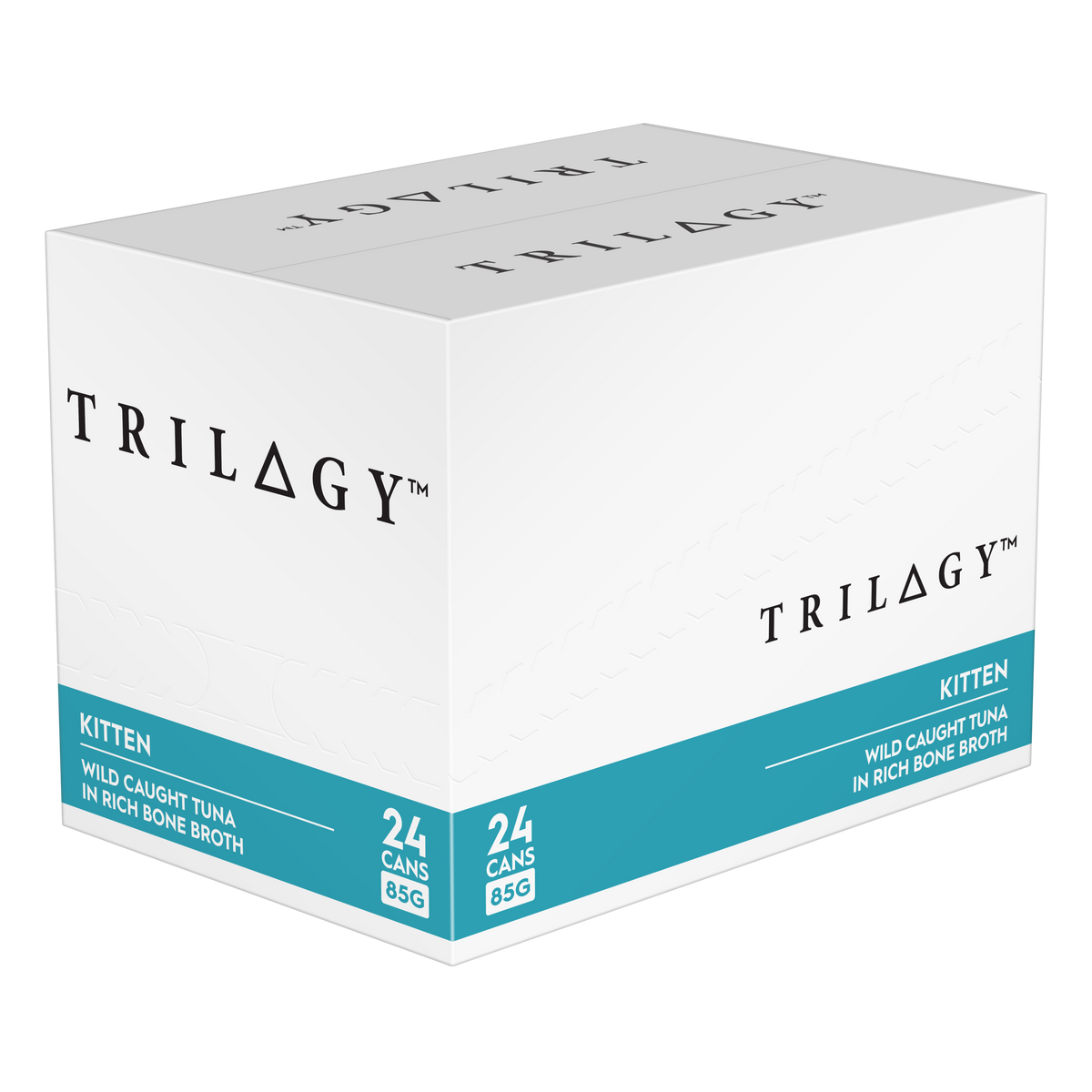 Trilogy Kitten Tuna in Rich Bone Broth carton side panel, 24 cans