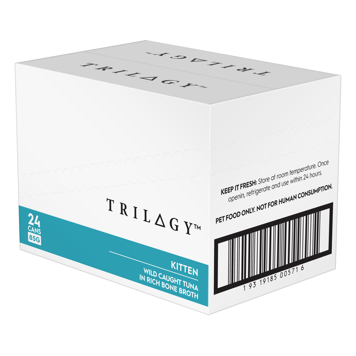 Trilogy Kitten Tuna in Rich Bone Broth carton side panel with barcode