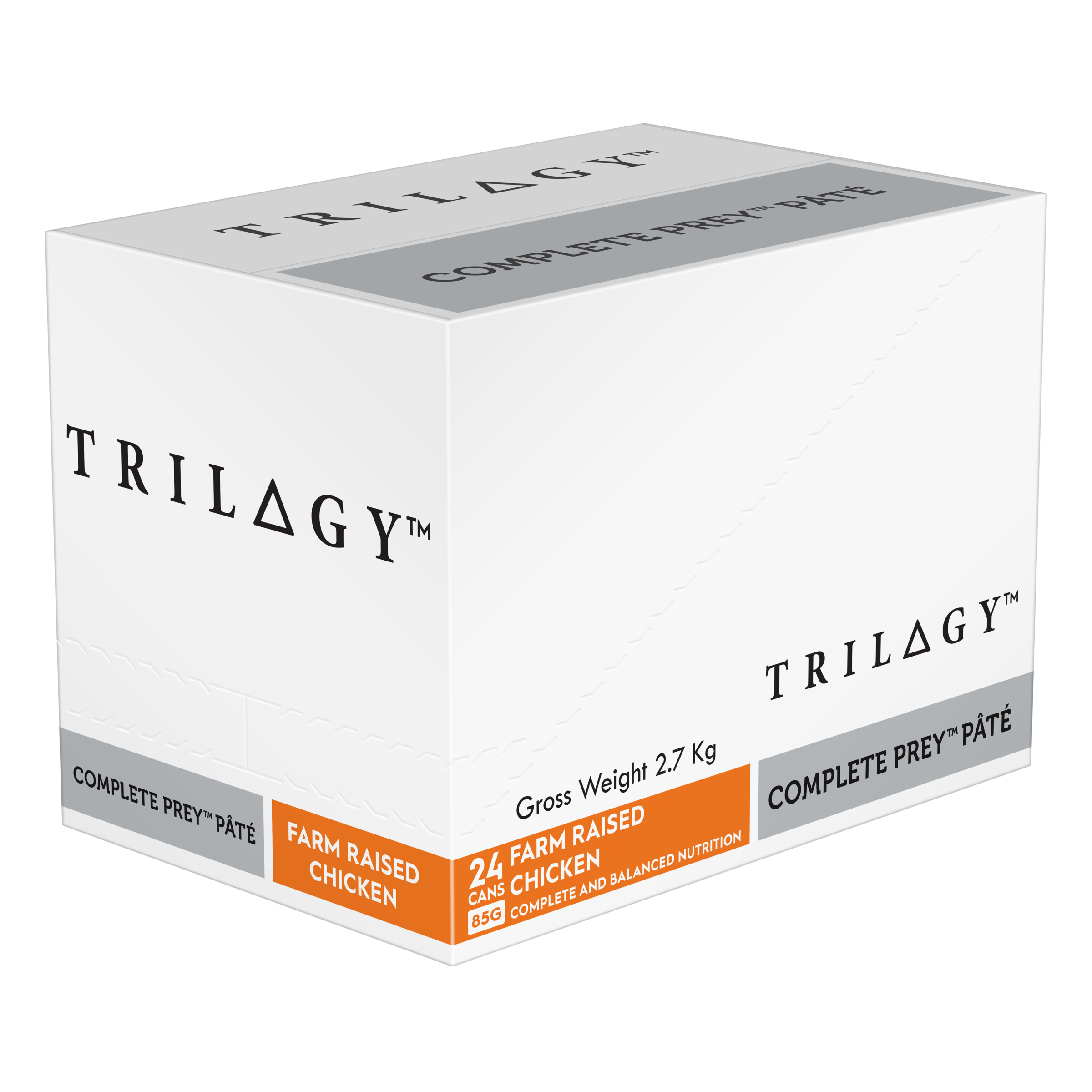 Trilogy Wet Adult Cat Food Complete Prey Pate - Farm Raised Chicken left side of pack