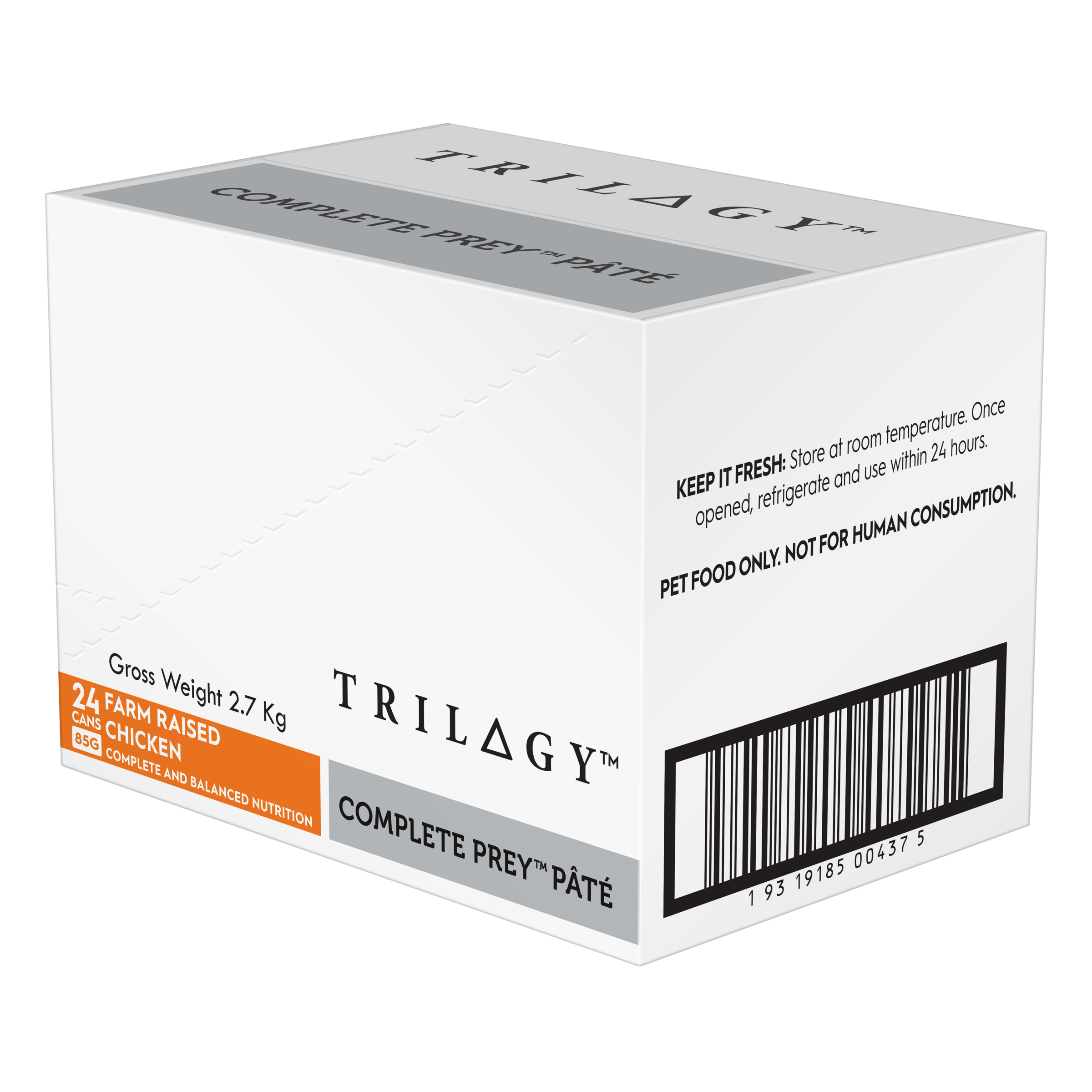 Trilogy Wet Adult Cat Food Complete Prey Pate - Farm Raised Chicken right side of pack