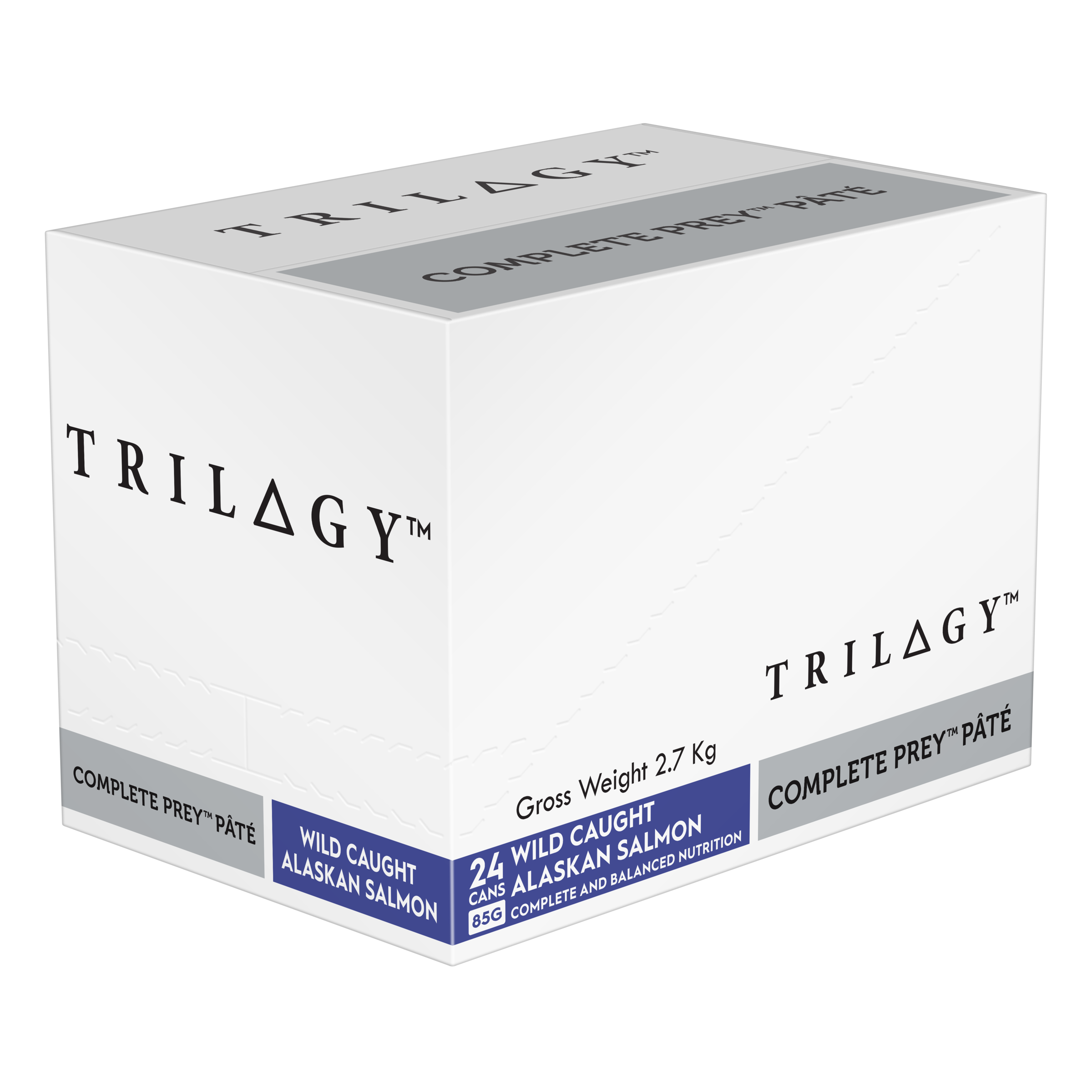 Trilogy Wet Adult Cat Food Complete Prey Pate - Wild Caught Alaskan Salmon left side of pack