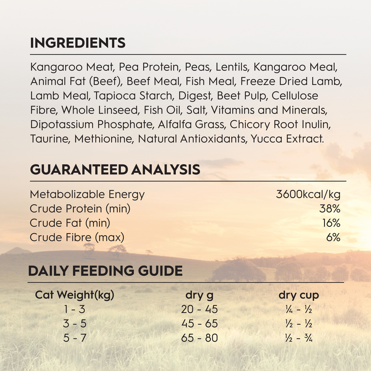 Trilogy Kangaroo ingredients, guaranteed analysis and daily feeding guide panel