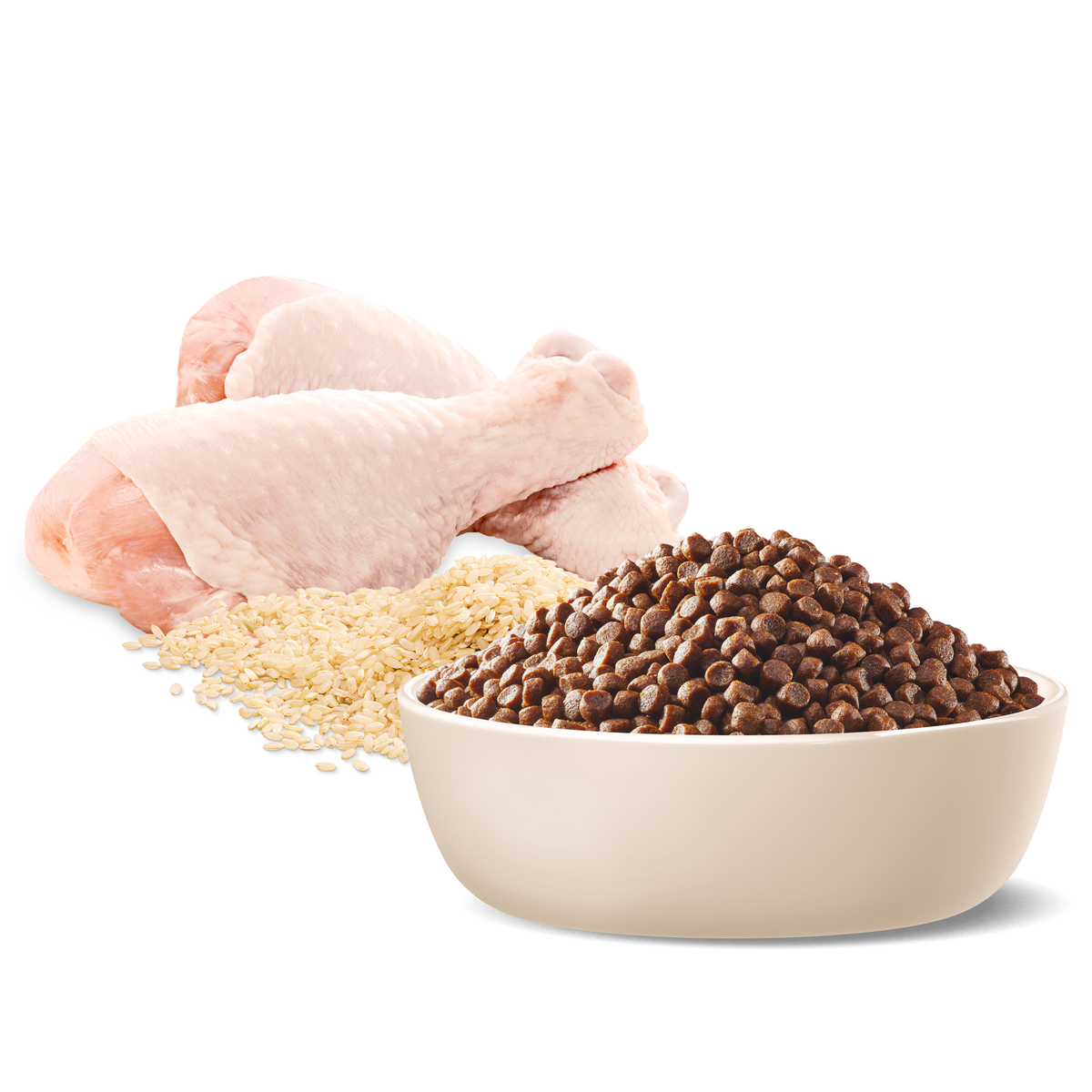 Raw chicken, rice and ADVANCE Puppy Small Breed kibble in a bowl