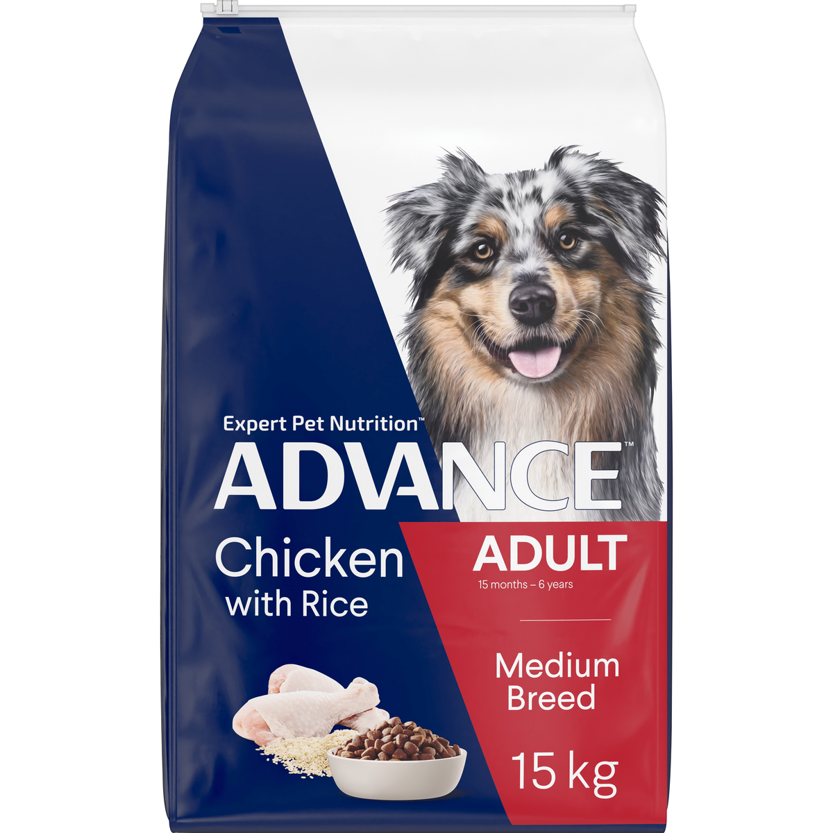 ADVANCE Adult Medium Breed Chicken with Rice 15kg bag, angled front view