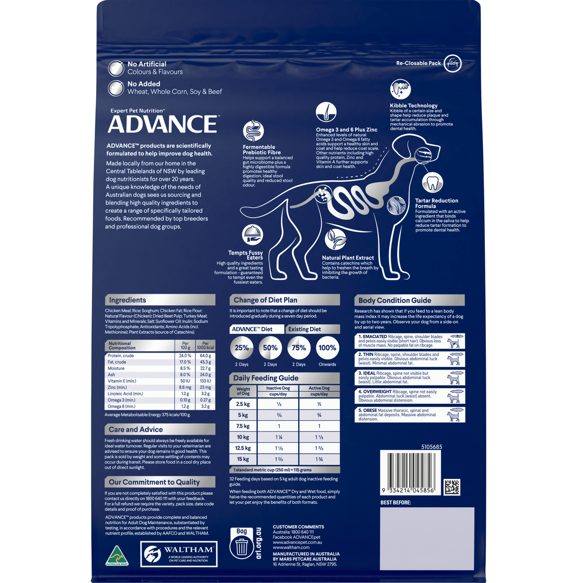 Back of the ADVANCE Triple Action Dental Care Small Breed Chicken with Rice bag