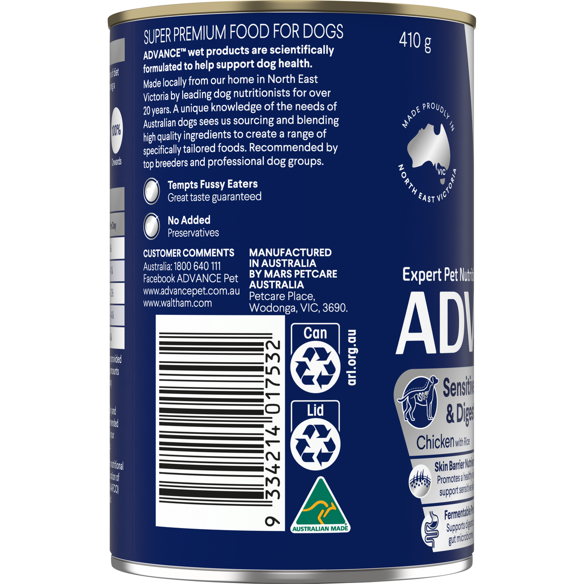 Side of the ADVANCE Sensitive Skin and Digestion Chicken with Rice can label